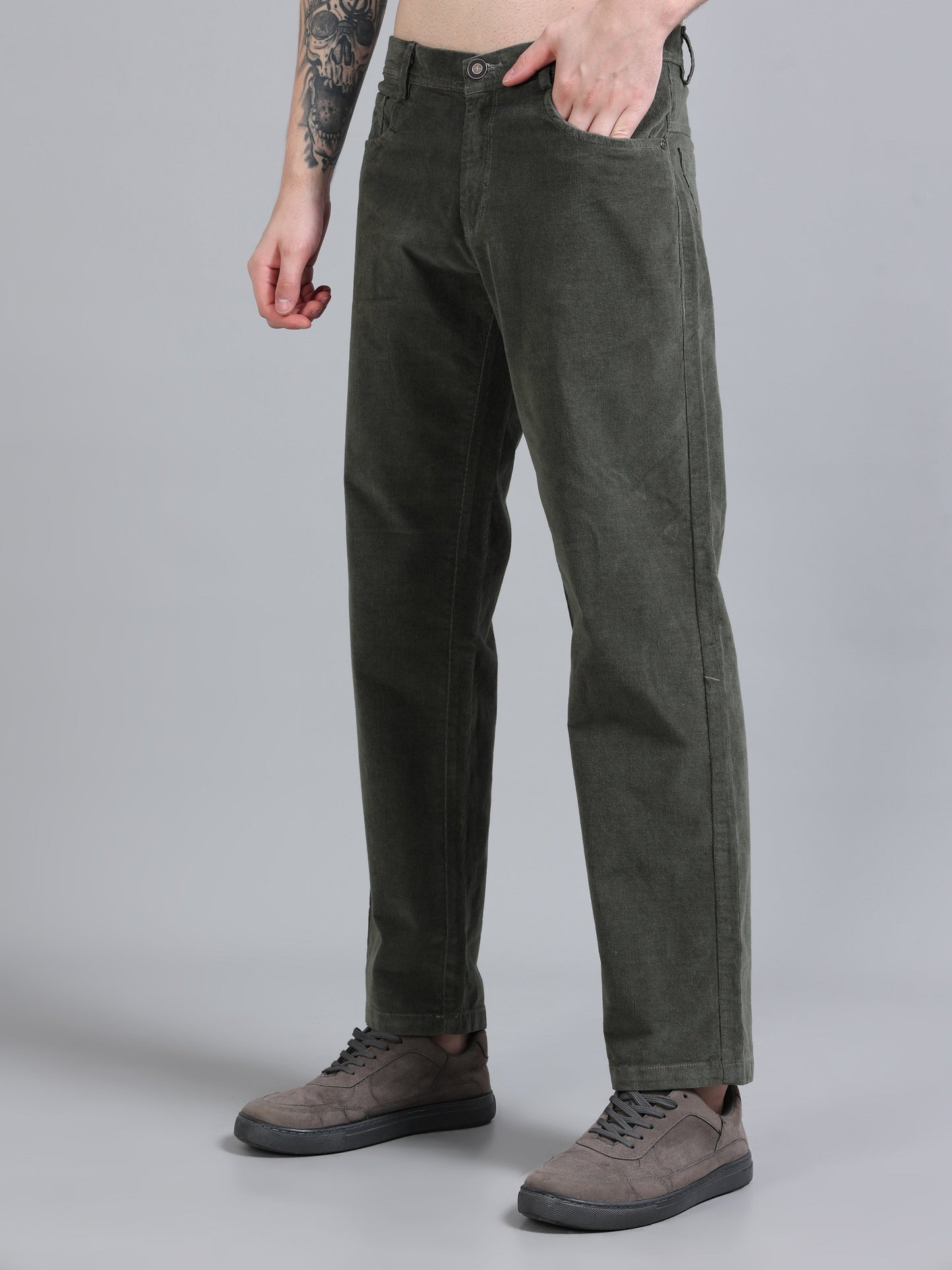 Men Corduroy Trousers-Olive