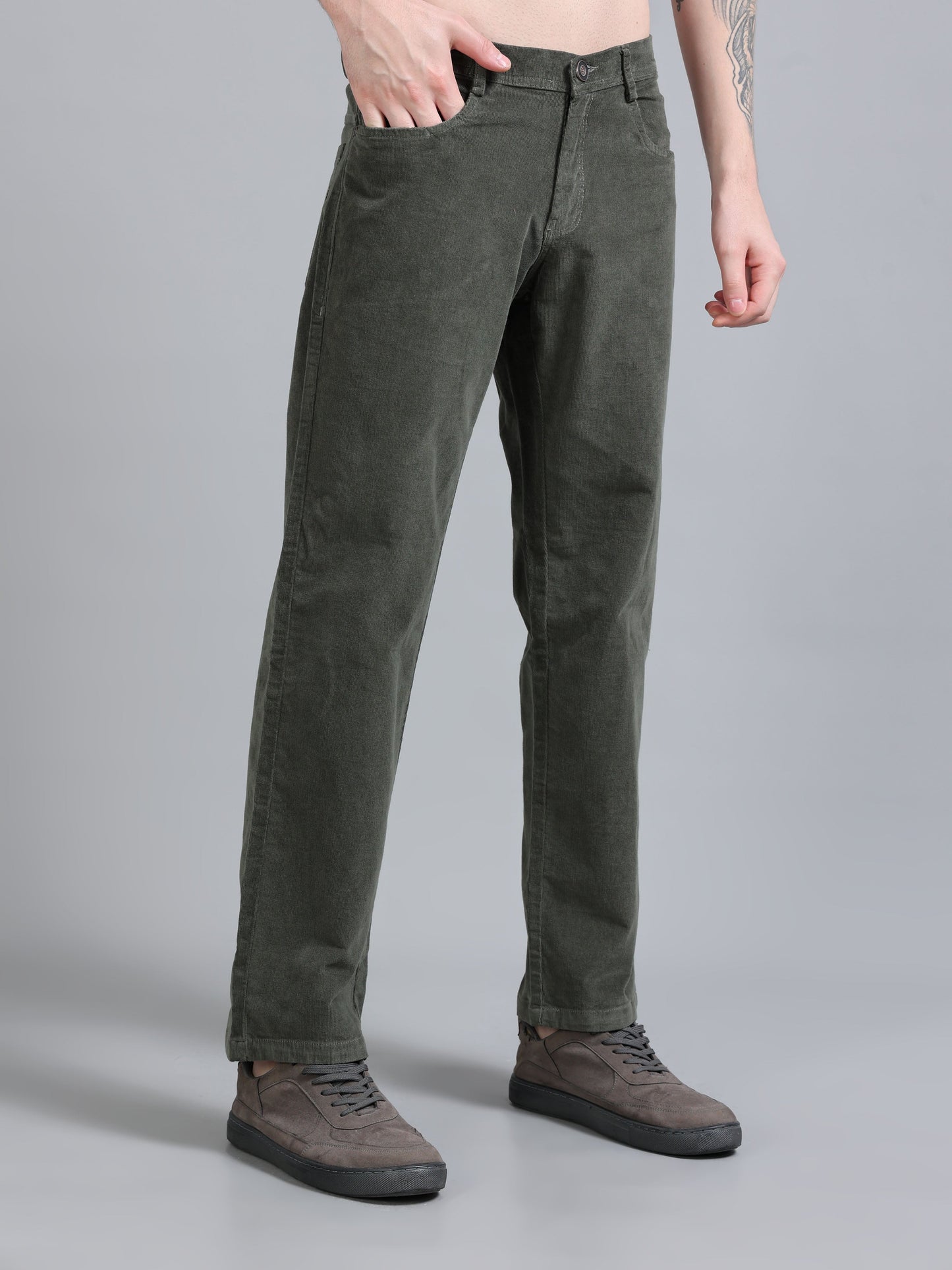 Men Corduroy Trousers-Olive