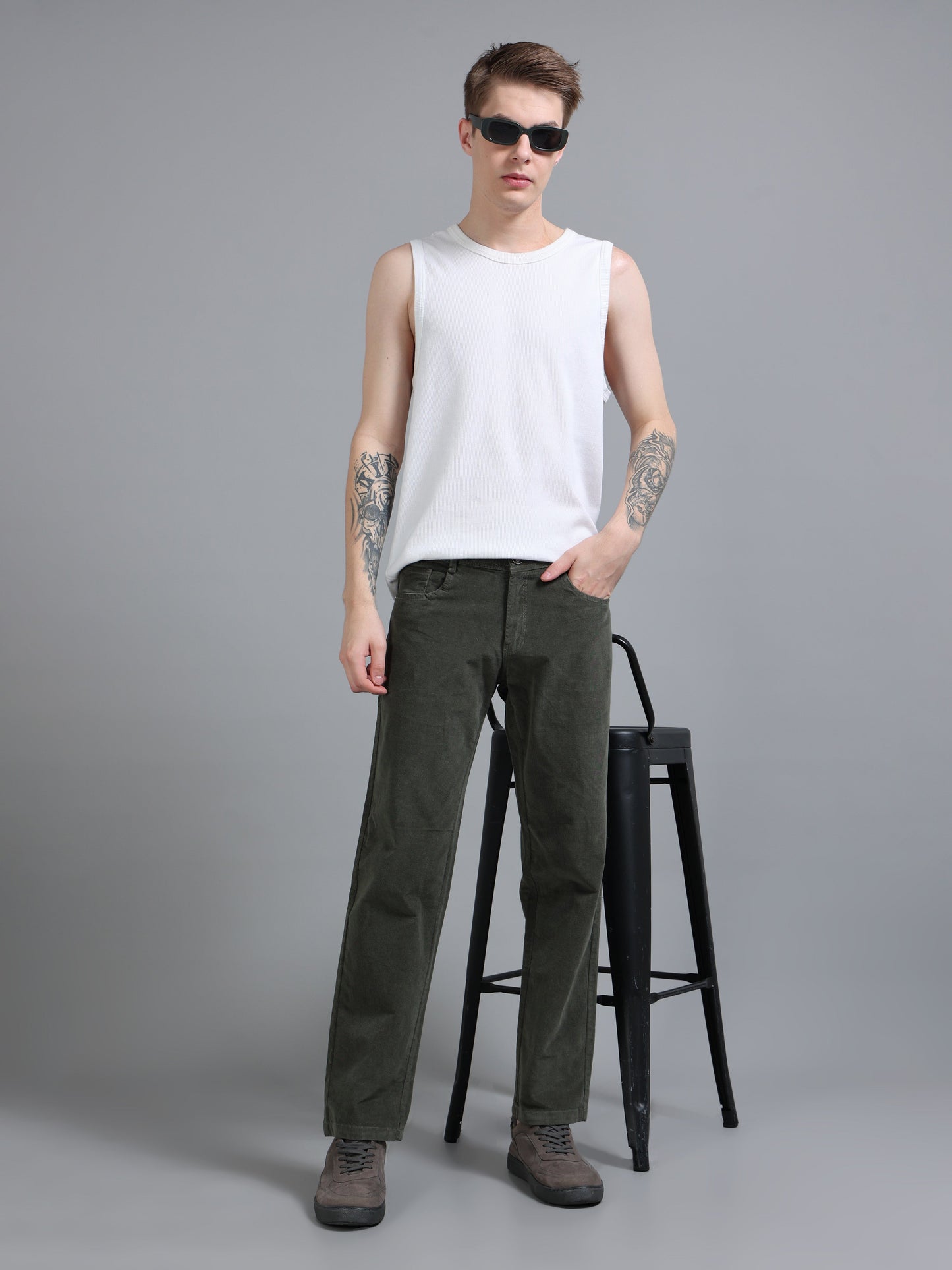 Men Corduroy Trousers-Olive