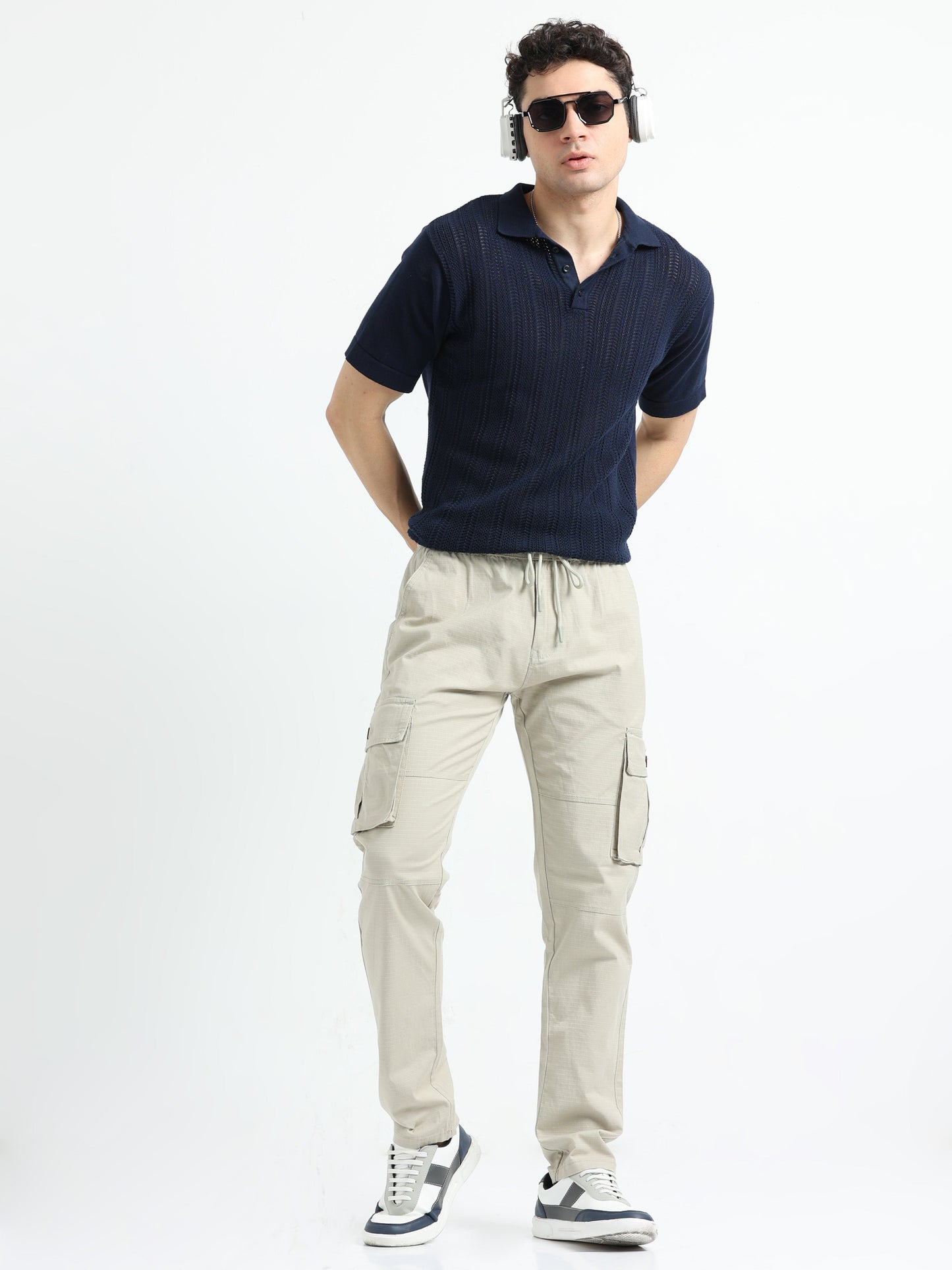 Men Self Design Breeze Cargoes-Cream