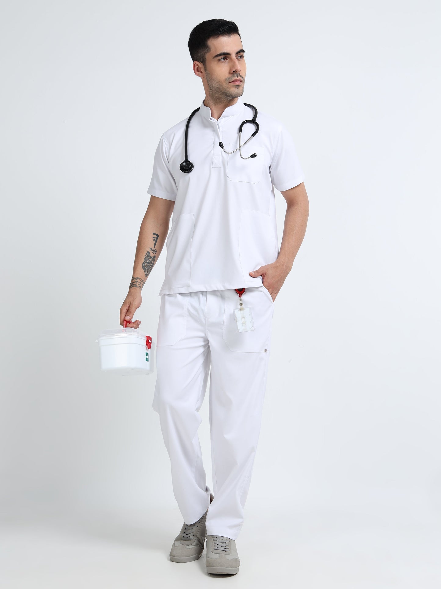 Men’s Snow White Medical Scrub Set – Mandarin Collar (Chinese Collar) Top & Straight Pants | 2-Way Stretch, Antibacterial & Wrinkle-Resistant – Apollo