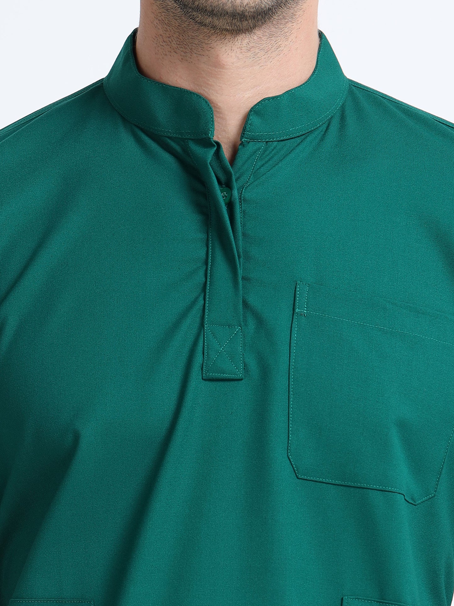 Men’s Forest Green Medical Scrub Set – Mandarin Collar (Chinese Collar) Top & Straight Pants | 2-Way Stretch, Antibacterial & Wrinkle-Resistant – Apollo