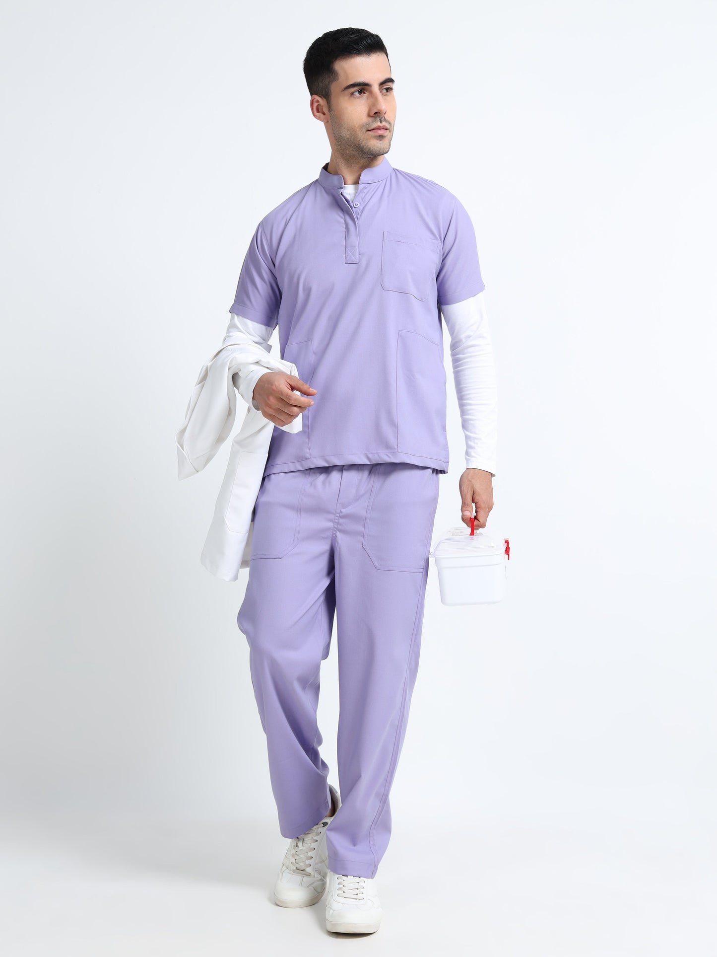 Men’s Pastel Lilac Medical Scrub Set – Mandarin Collar (Chinese Collar) Top & Straight Pants | 2-Way Stretch, Antibacterial & Wrinkle-Resistant – Apollo