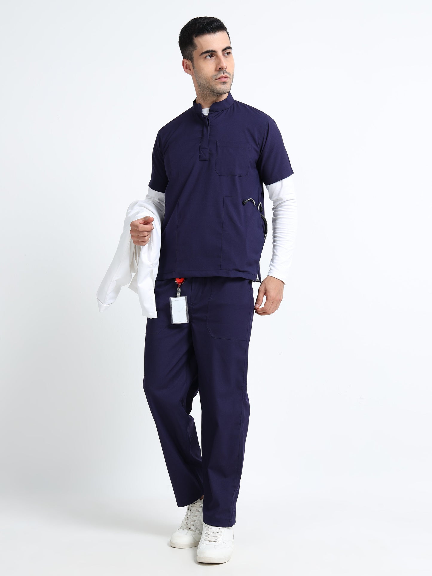 Men’s Navy Medical Scrub Set – Mandarin Collar (Chinese Collar) Top & Straight Pants | 2-Way Stretch, Antibacterial & Wrinkle-Resistant – Apollo