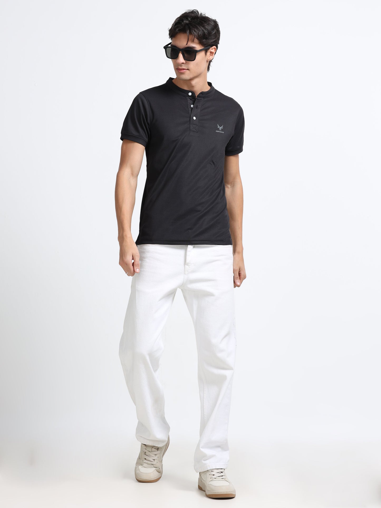 Men’s Black Premium Mandarin Collar Polo T-Shirt – Soft Breathable Polyester, Modern Henley Style, Everyday Comfort Wear