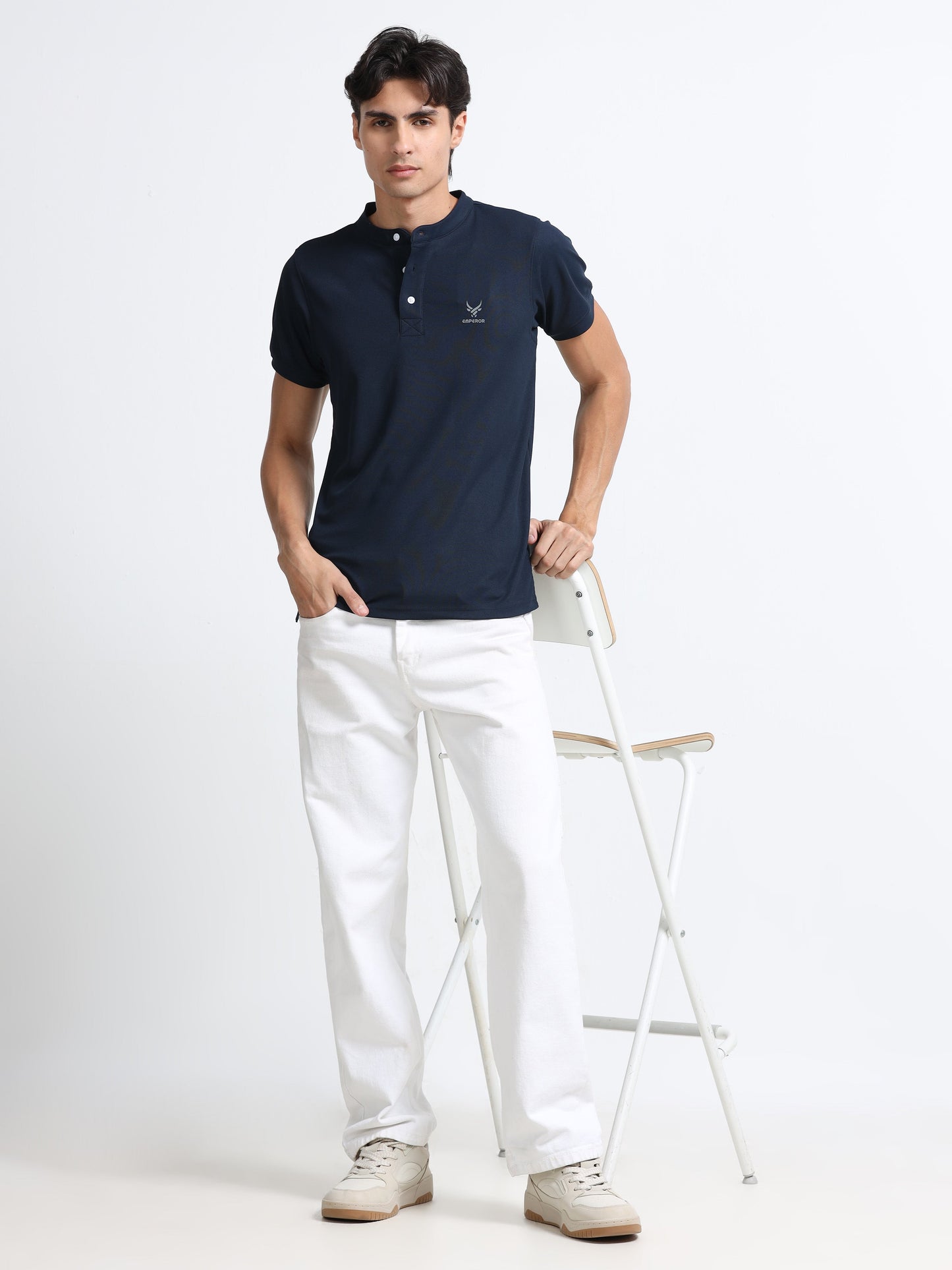 Men’s Navy Premium Mandarin Collar Polo T-Shirt – Soft Breathable Polyester, Modern Henley Style, Everyday Comfort Wear