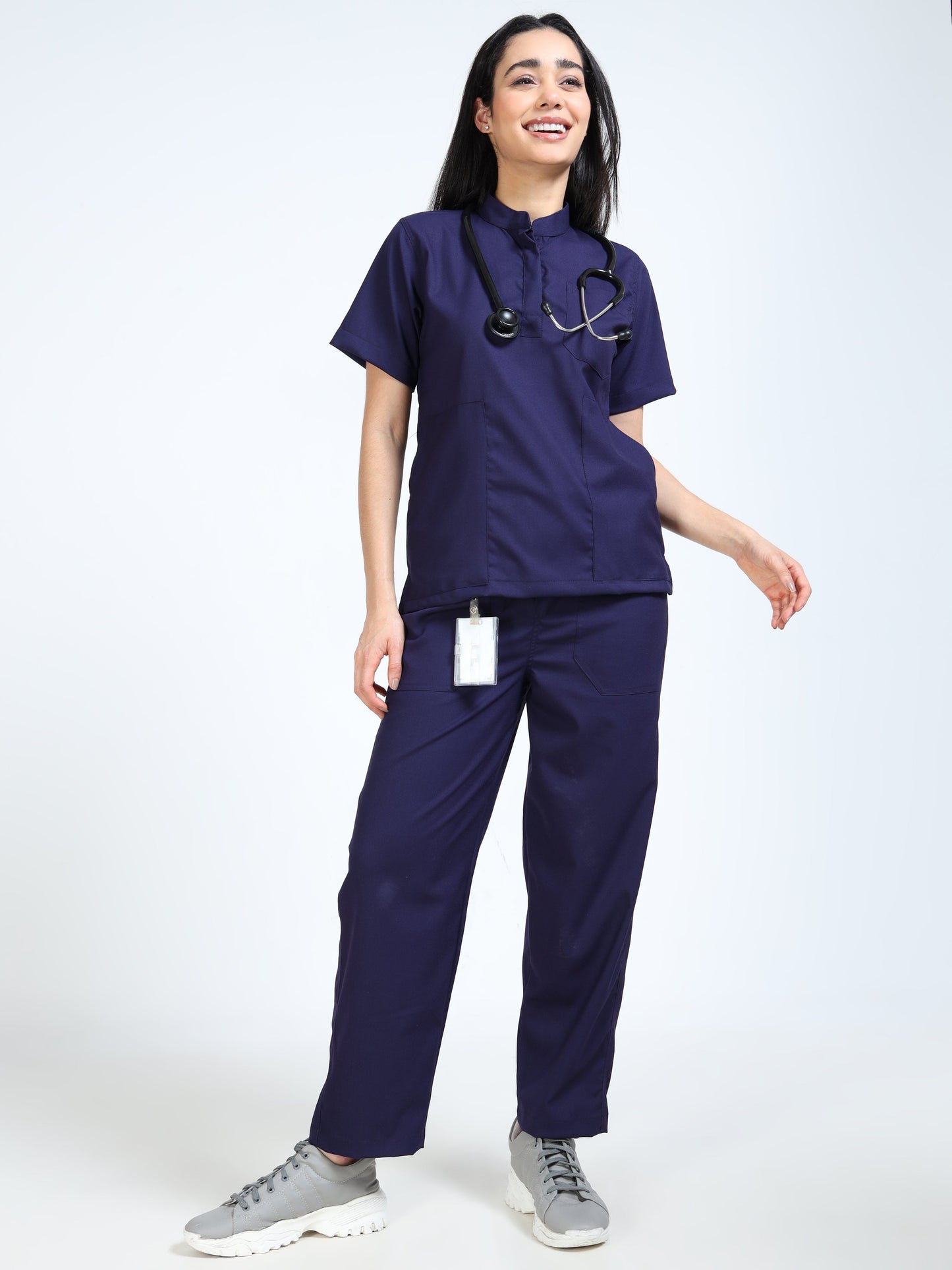 Women’s Navy Medical Scrub Set – Mandarin Collar (Chinese Collar) Top & Straight Pants | Twill Fabric, Antibacterial & Wrinkle-Resistant – Eco Flex