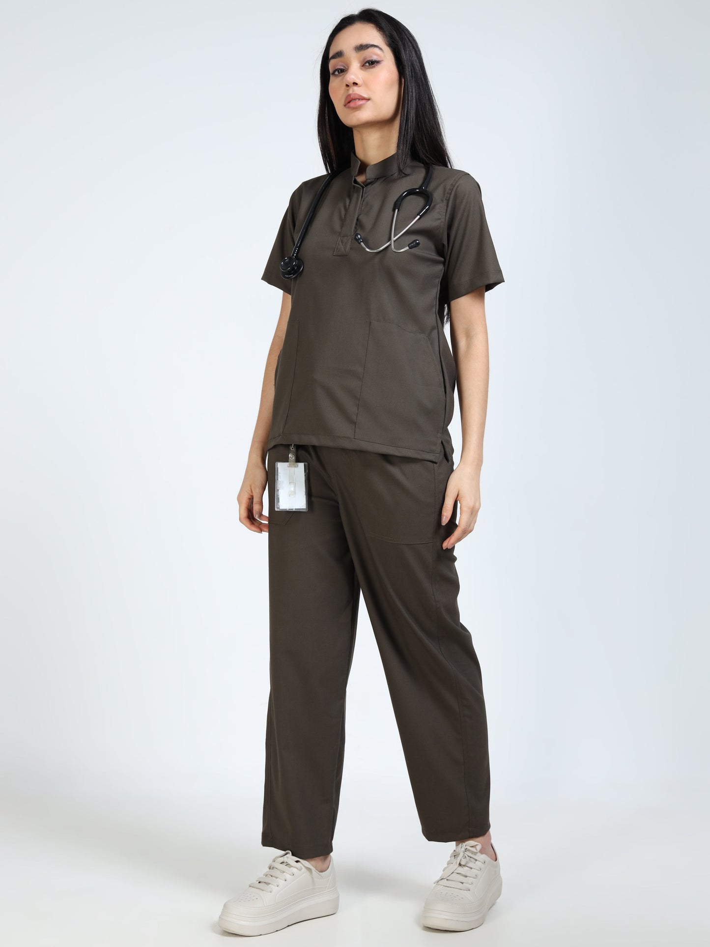 Women’s Olive Medical Scrub Set – Mandarin Collar (Chinese Collar) Top & Straight Pants | Twill Fabric, Durable & Antibacterial – Eco Flex