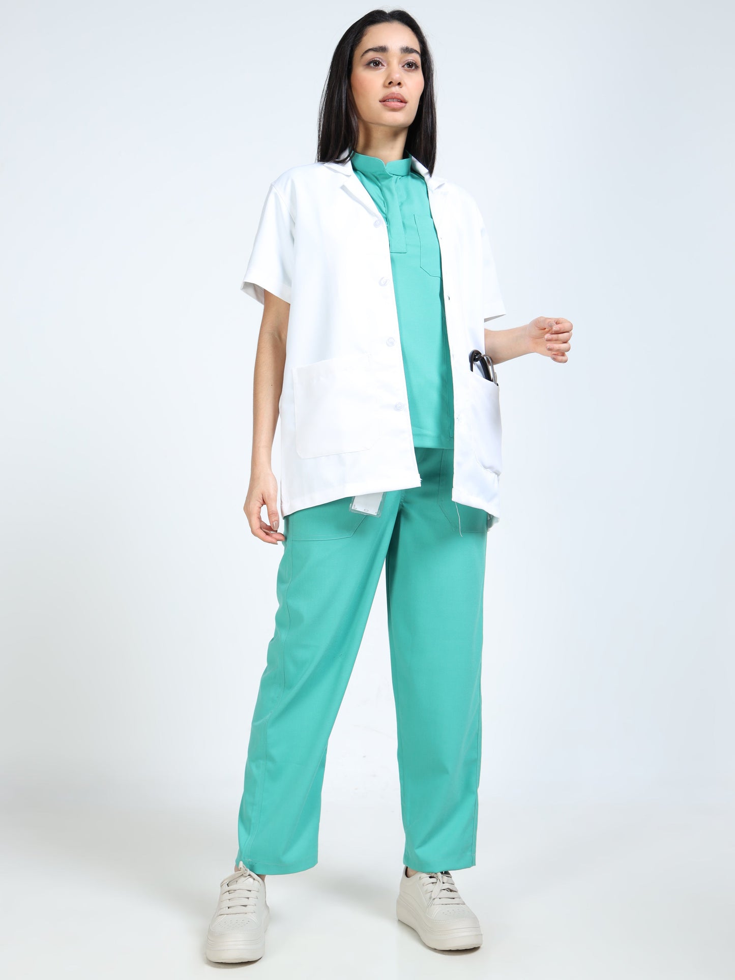 Women’s Sea Green Medical Scrub Set – Mandarin Collar (Chinese Collar) Top & Straight Pants | Twill Fabric, Breathable & Antibacterial – Eco Flex