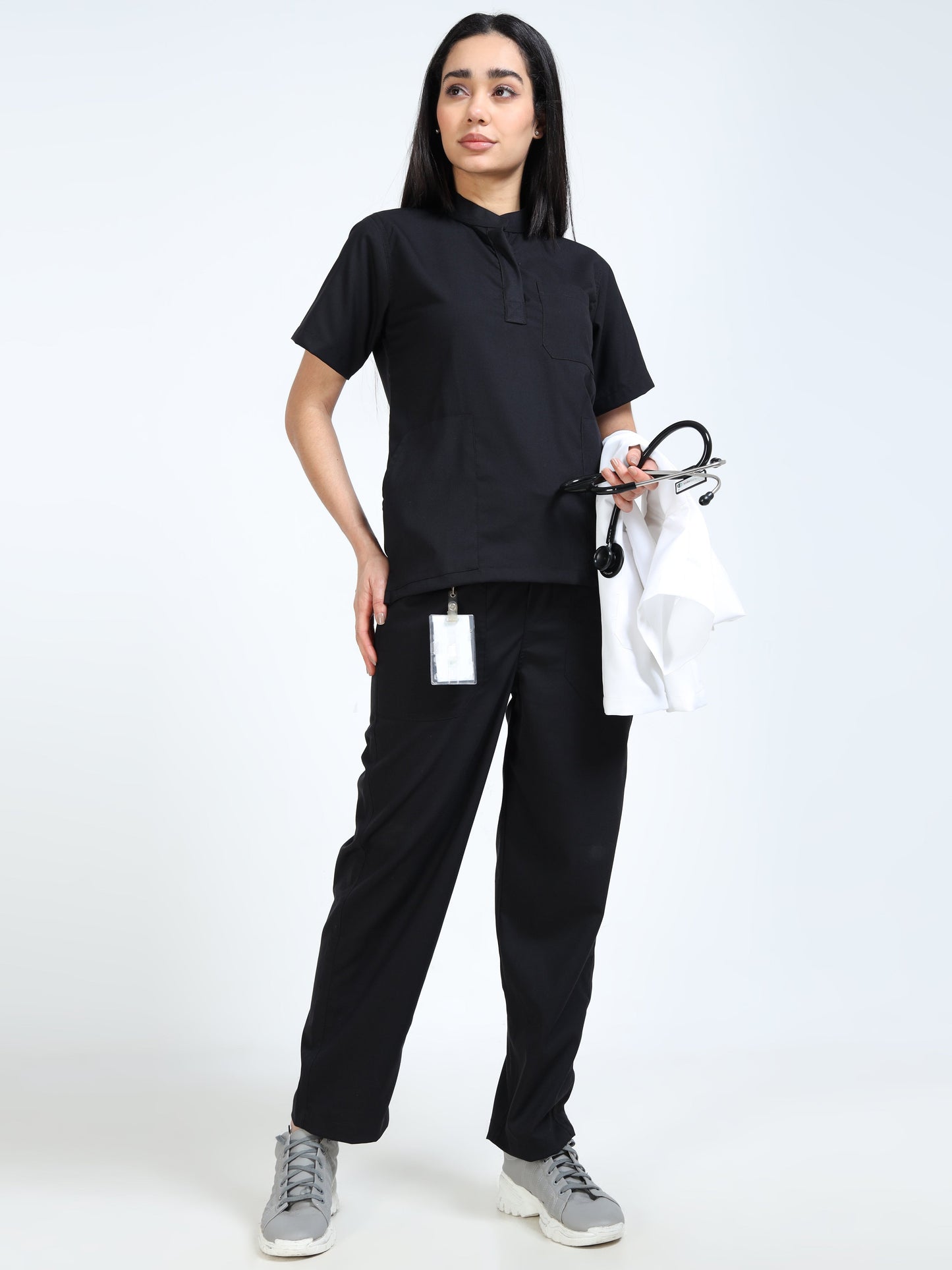 Women’s Black Knight Medical Scrub Set – Mandarin Collar (Chinese Collar) Top & Straight Pants | 2-Way Stretch, Antibacterial & Durable Fabric – Apollo
