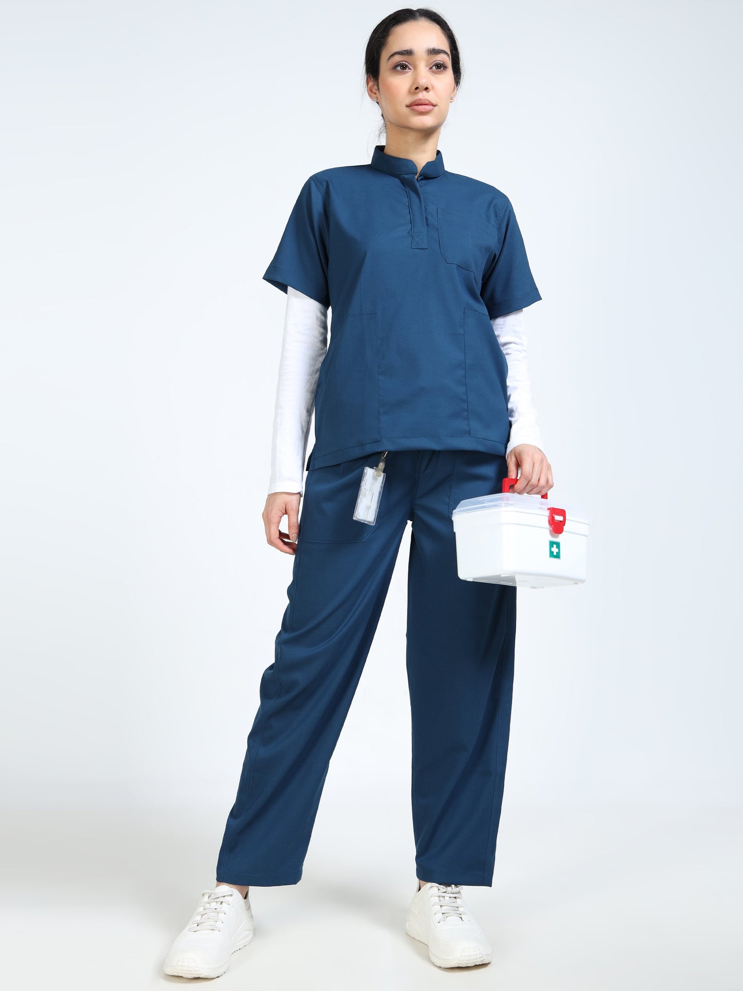 Women’s Galaxy Blue Medical Scrub Set – Mandarin Collar (Chinese Collar) Top & Straight Pants | Twill Fabric, Antibacterial & Wrinkle-Resistant – Eco Flex