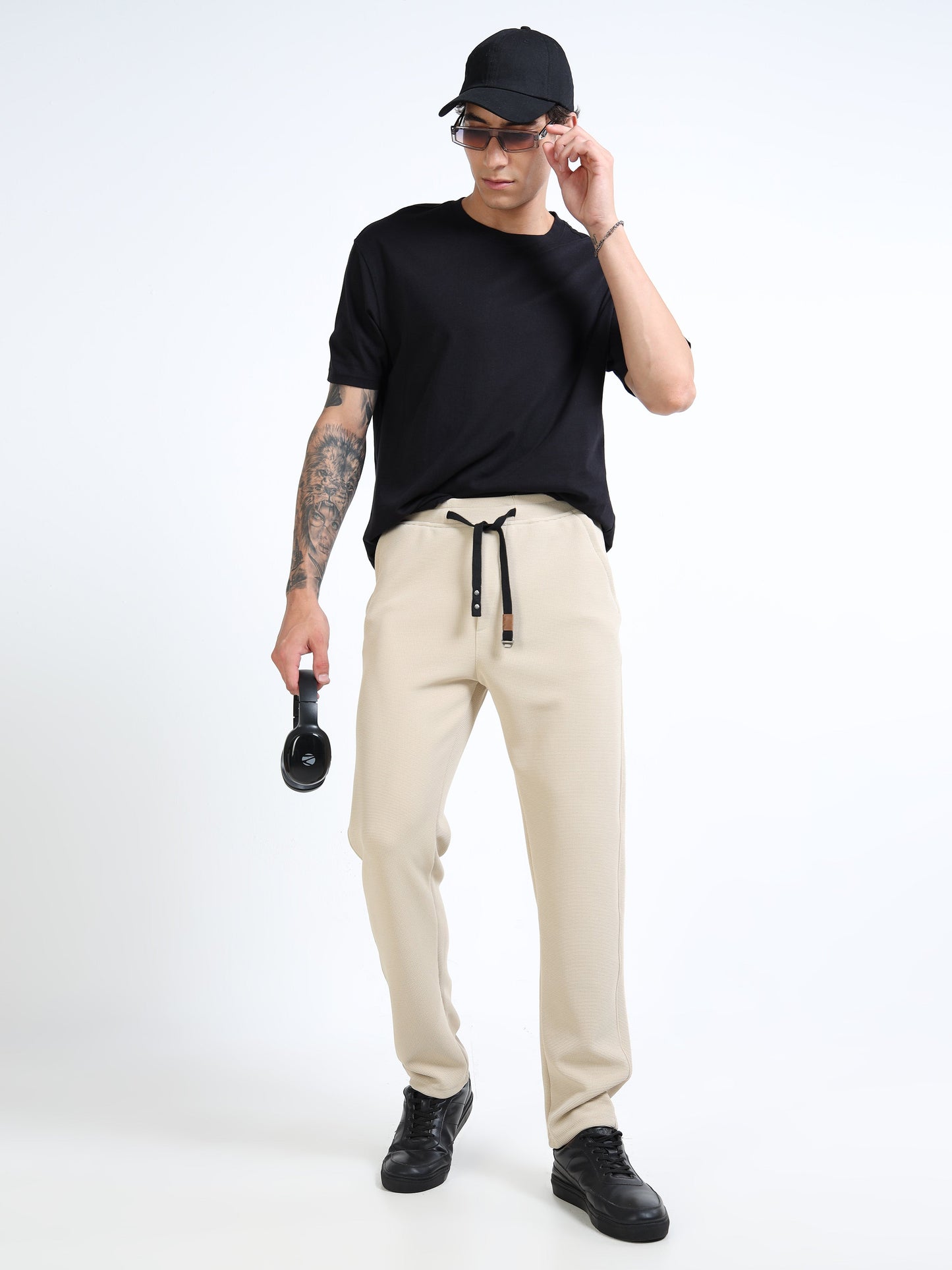 Men’s Beige Slim Fit Joggers with Adjustable Drawstring Waist & Side Pockets