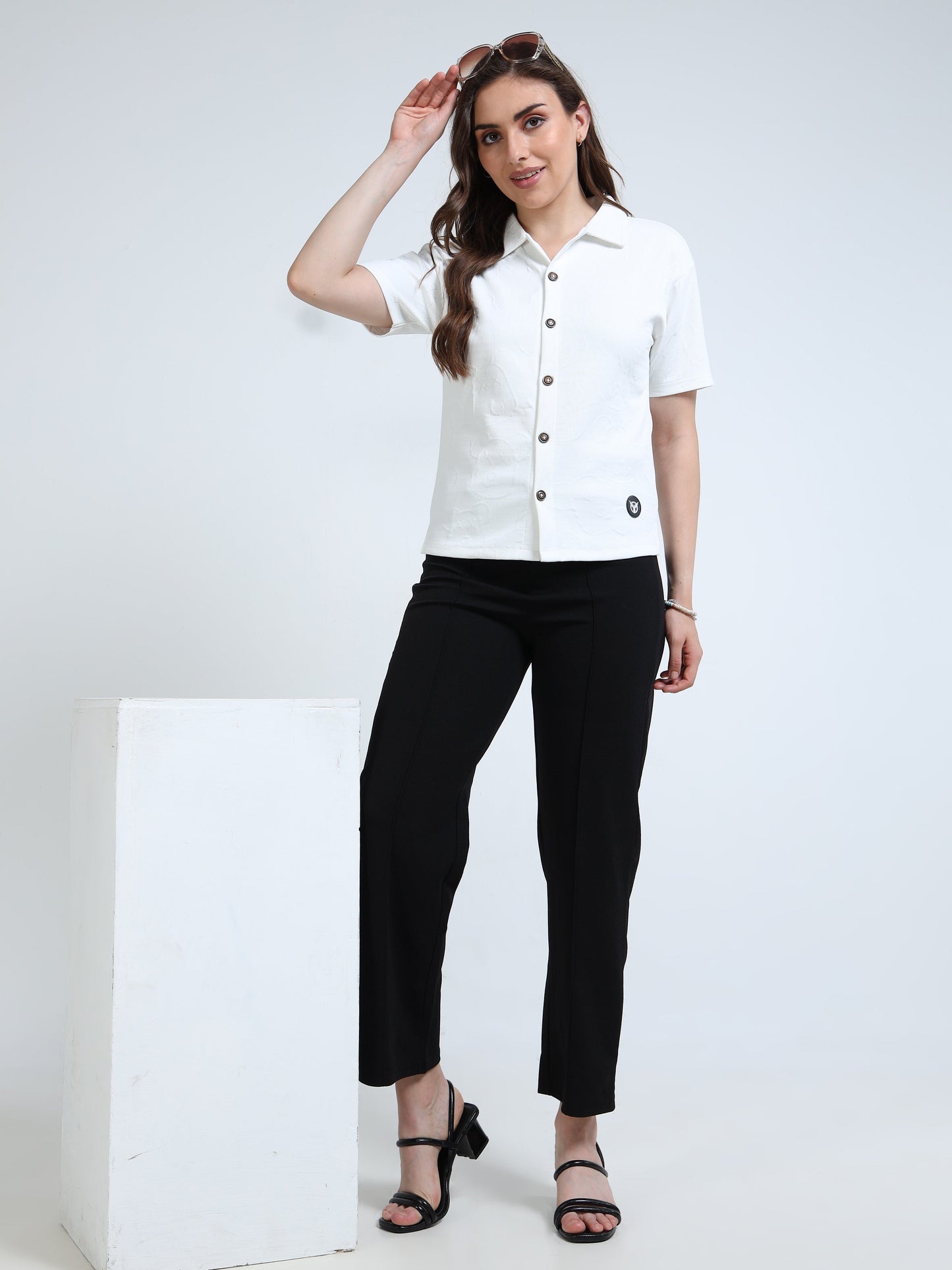 Women’s White Textured Button-Down Shirt – Short Sleeve Collared Top