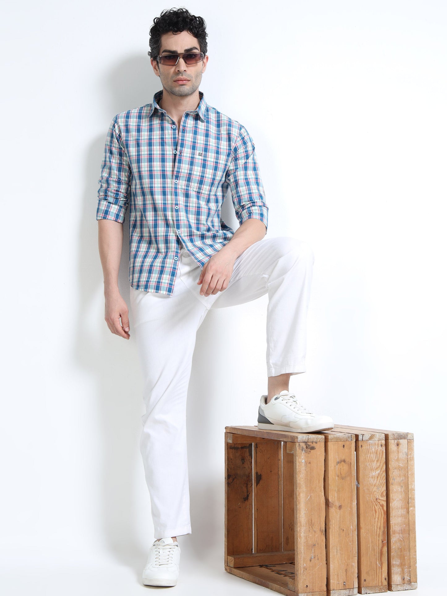 Men’s Blue, Red & White Multi-Check Cotton Linen Shirt