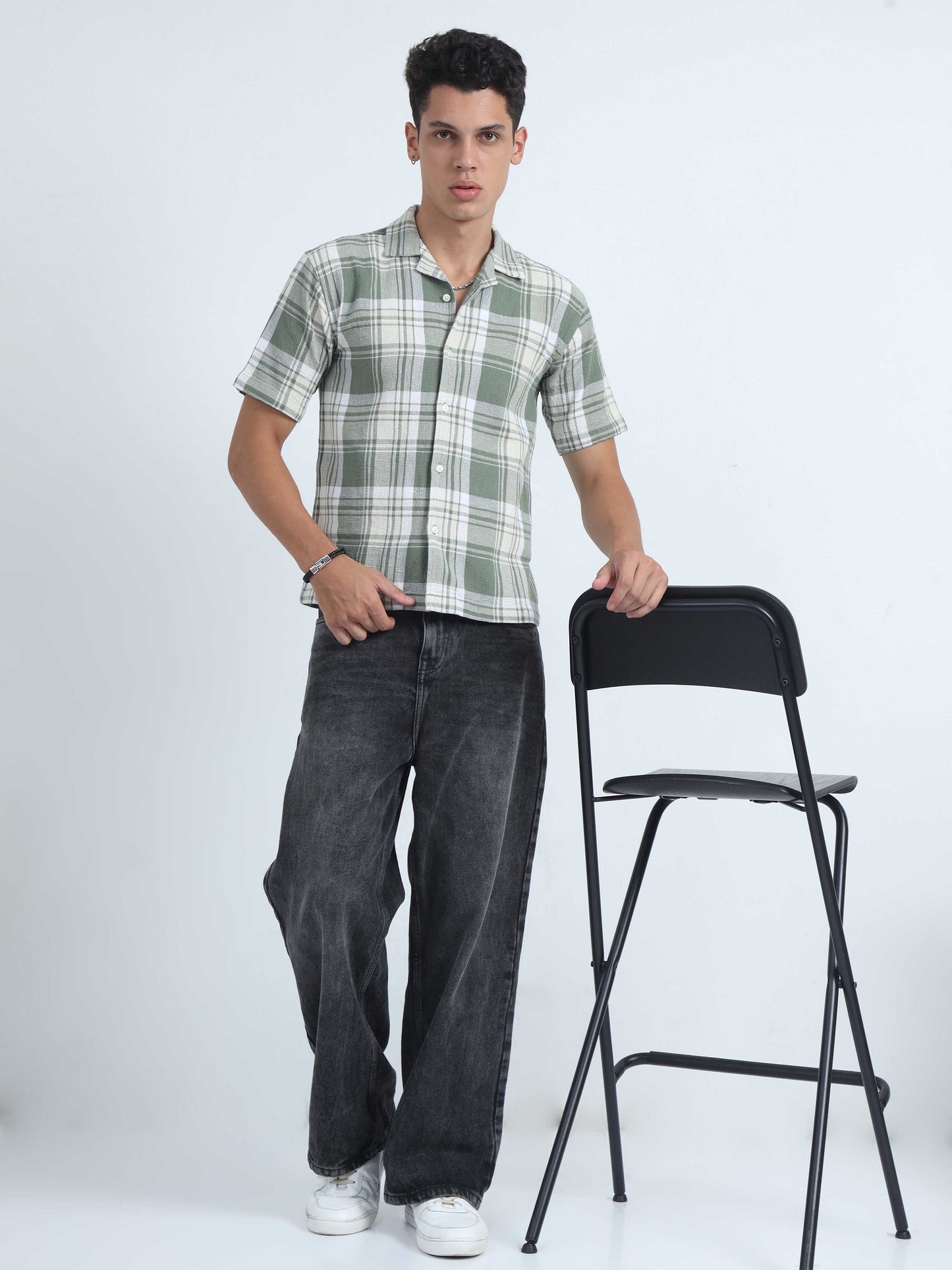 Men Checks Jacquard Oversized Shirt-Green