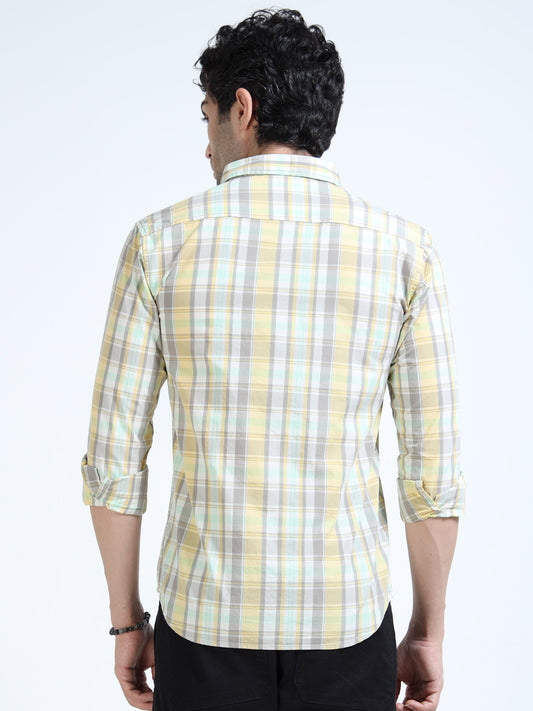 Menās Yellow & Mint Multi-Check Cotton Linen Shirt