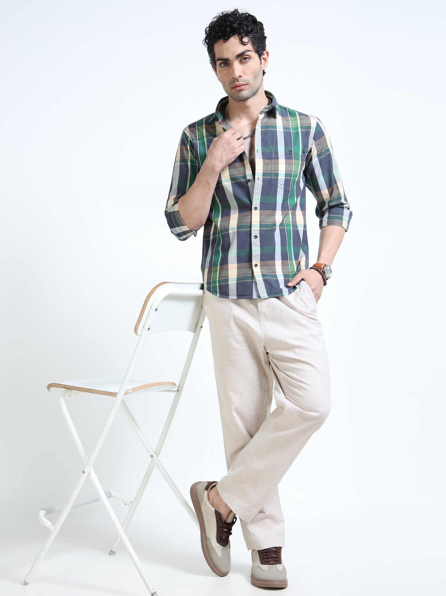 Men’s Green & Beige Multi-Check Cotton Linen Shirt