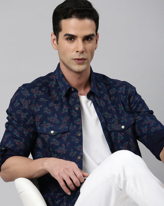 Men's Slim Fit Indigo Printed Shirt