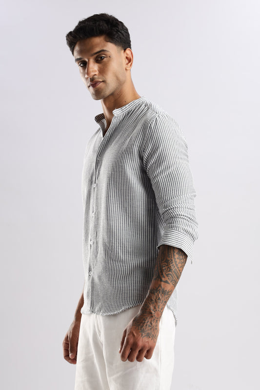 Men Linen Like Lining Mandrine Collar Shirt -Lt Grey