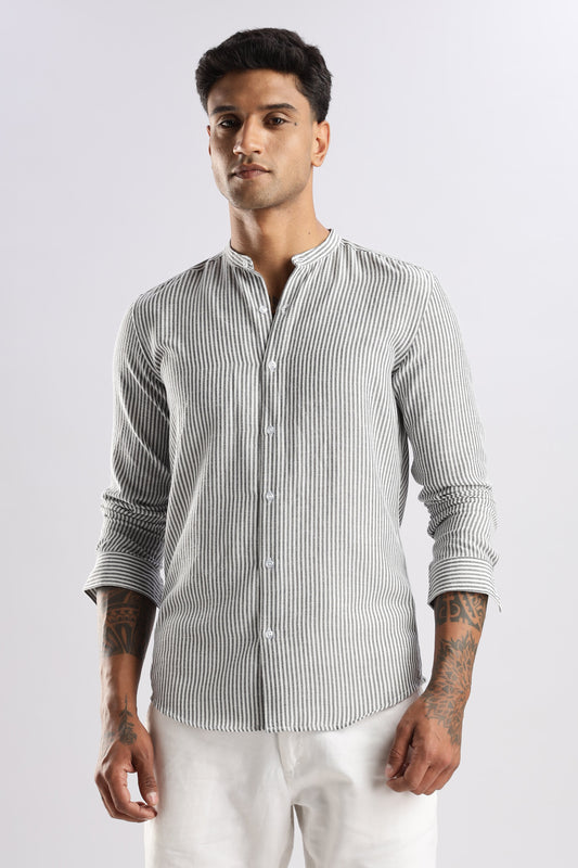 Men Linen Like Lining Mandrine Collar Shirt -Dk Grey