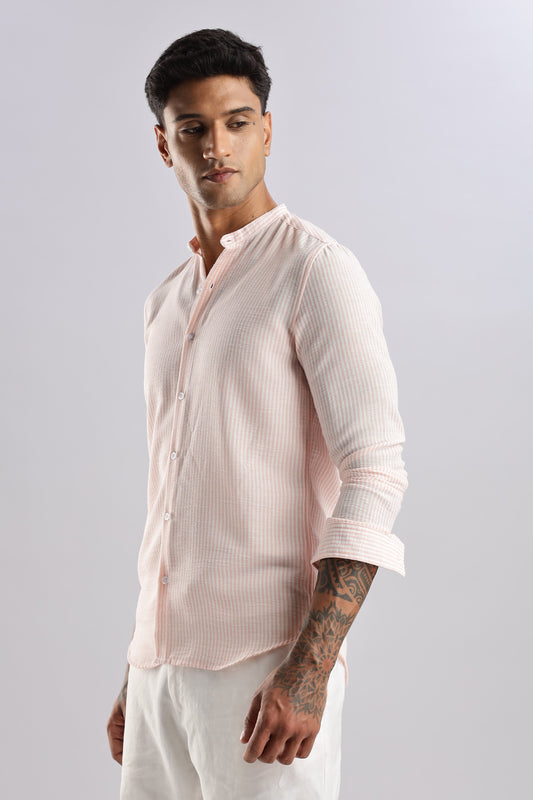 Men Linen Like Lining Mandrine Collar Shirt -Pink