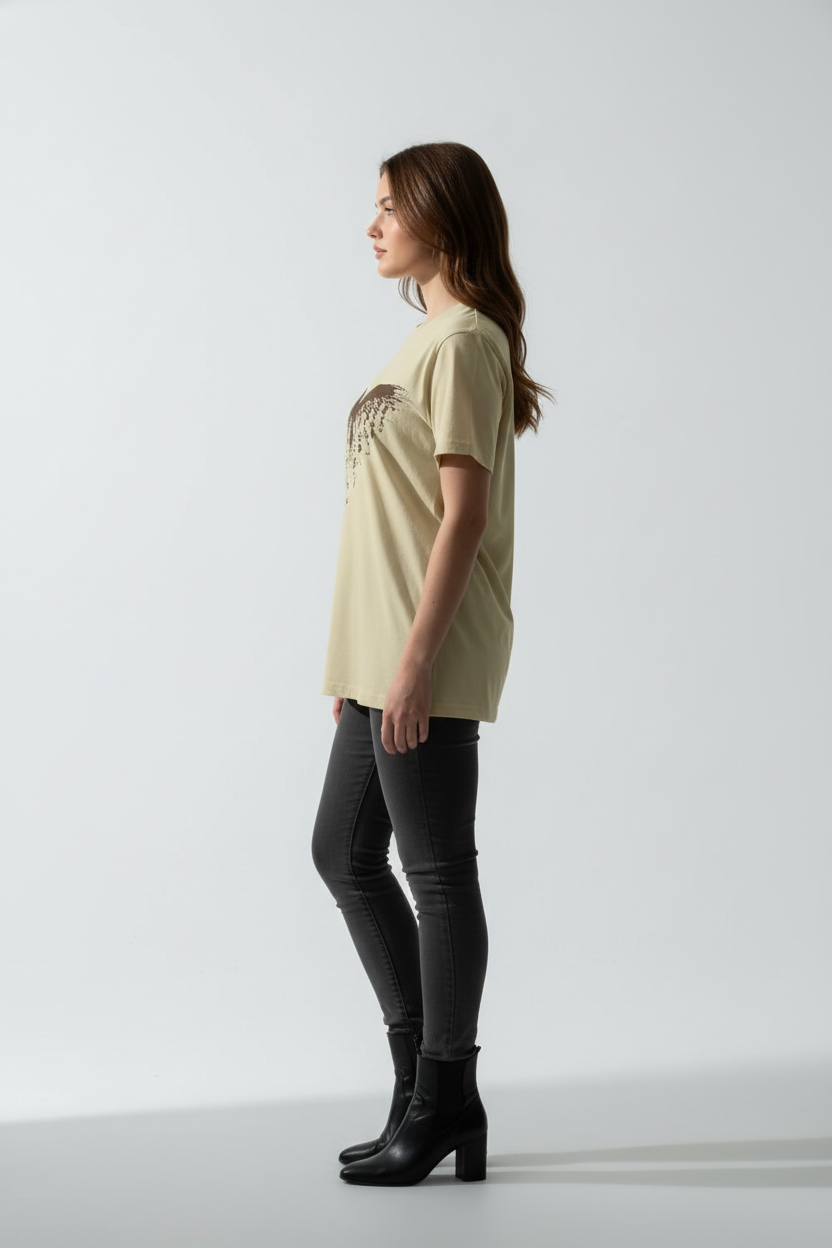 Women Cream Round Neck T-Shirt - 100% Cotton Bio Wash