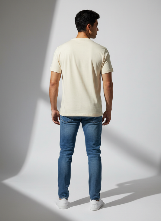 Cream Round Neck T-Shirt - Bio Wash Cotton