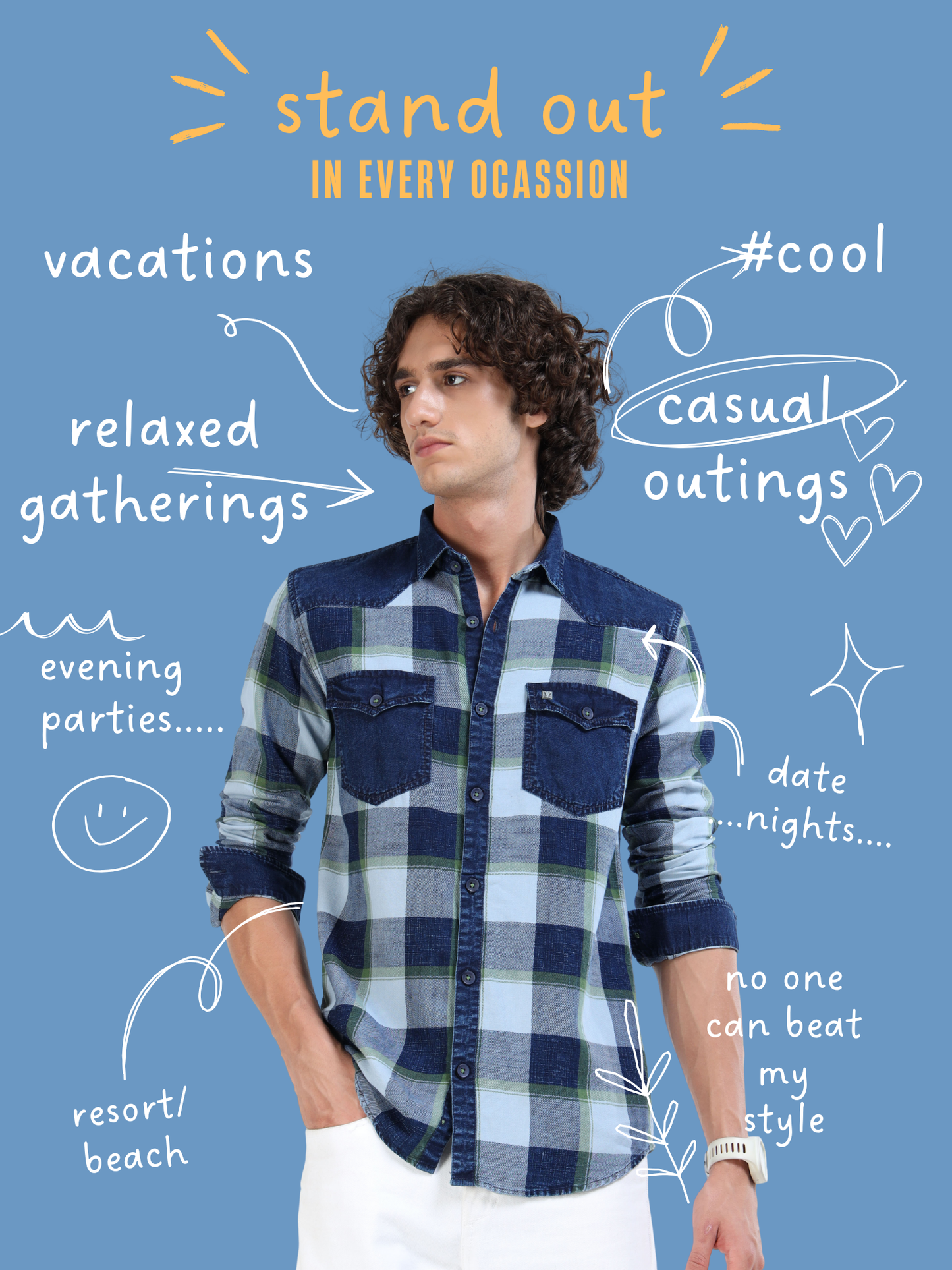 Men’s Indigo Green Plaid Denim Cotton Utility Shirt with Dual Flap Pockets