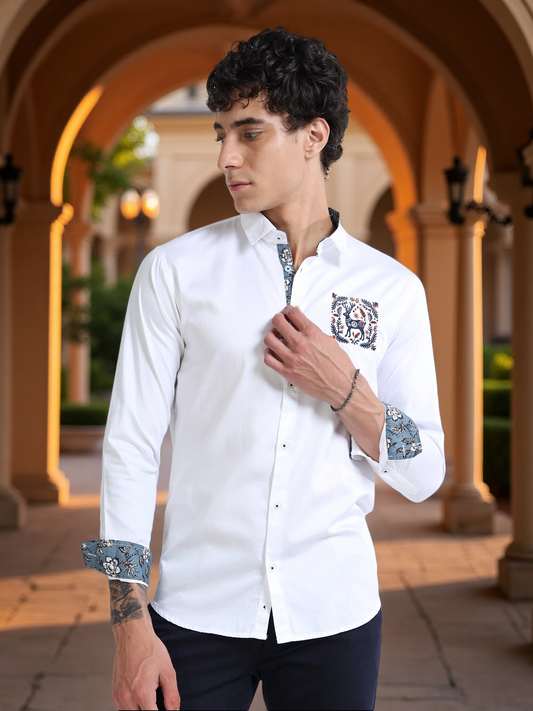 White Slim Fit Shirt with Embroidered Detail & Contrast Floral Accents