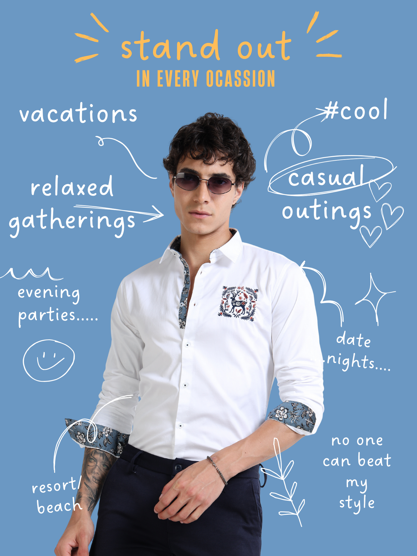 White Slim Fit Shirt with Embroidered Detail & Contrast Floral Accents