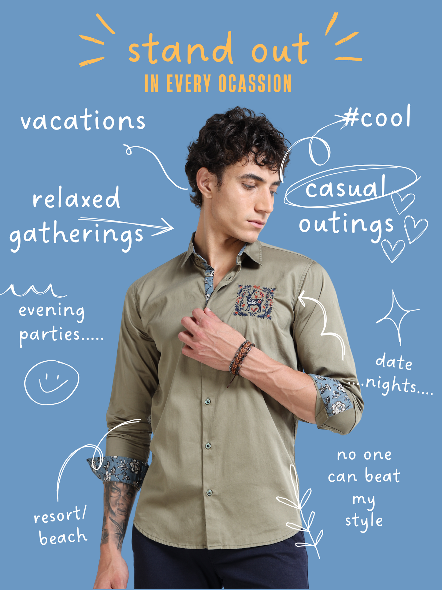 Men’s Olive Green Slim-Fit Shirt with Embroidered Stag Motif