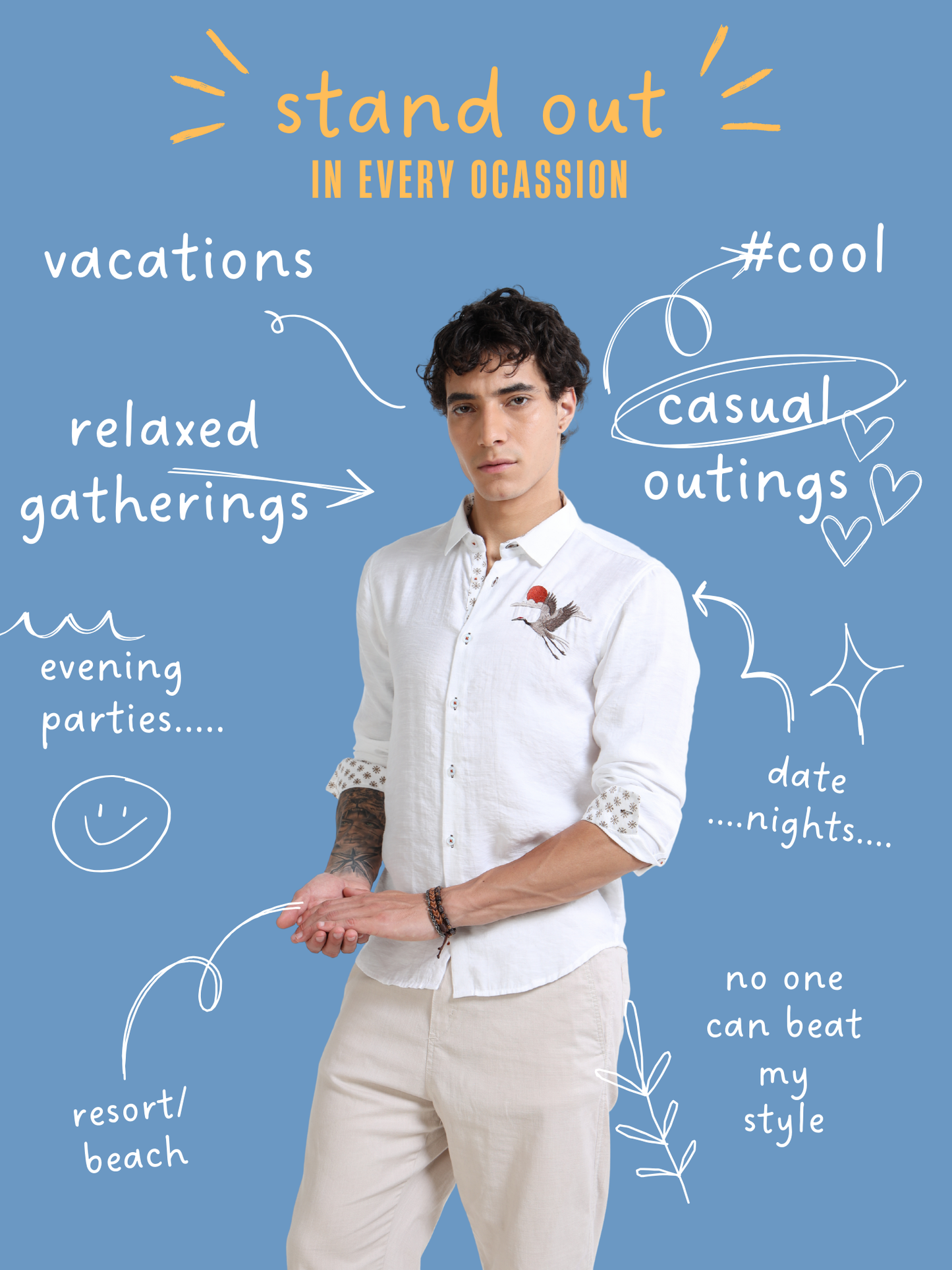 Men’s White Cotton Casual Shirt with Bird Embroidery Detailing