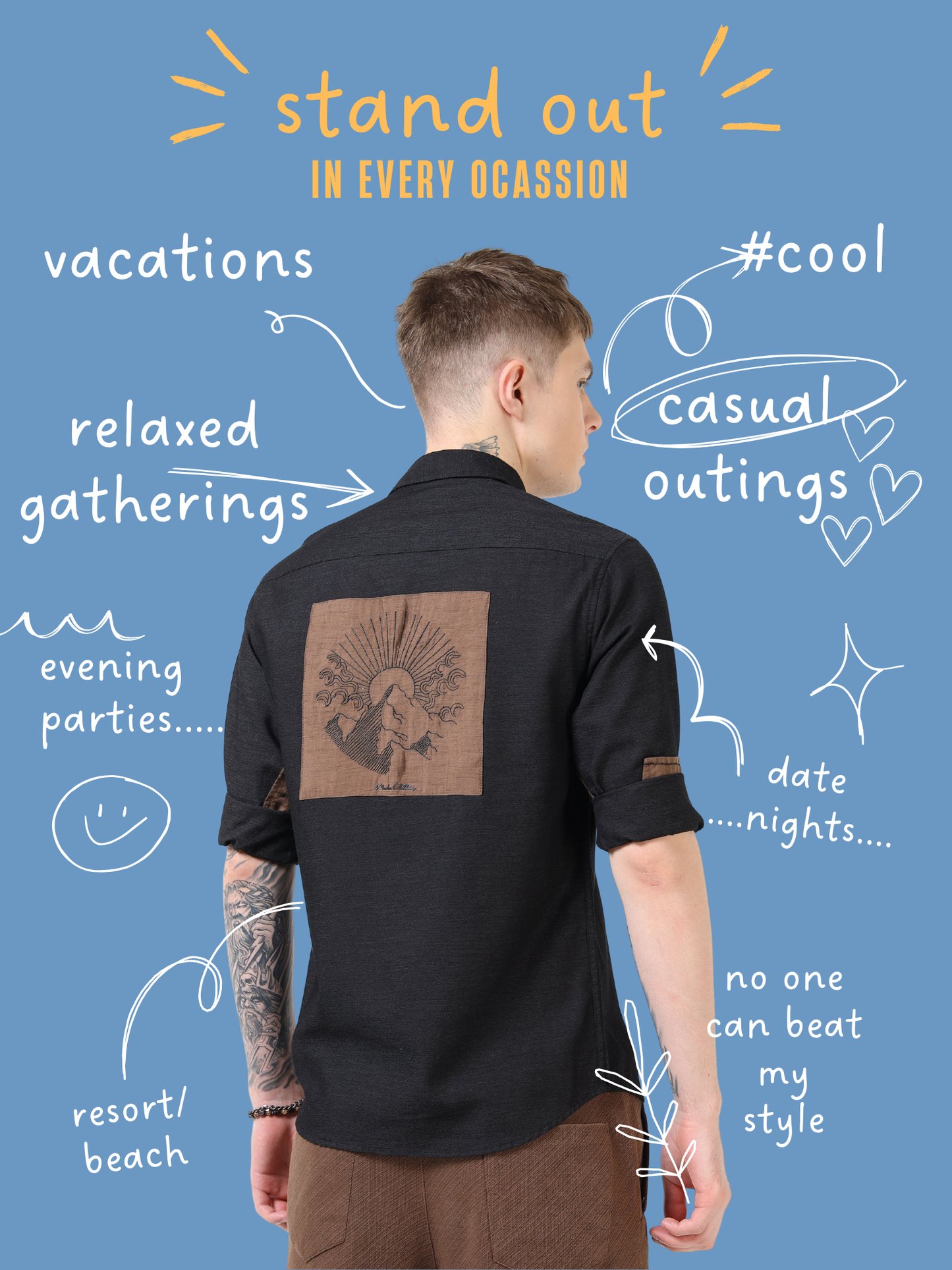 Men’s Navy Blue Cotton Casual Shirt with Contrast Brown Embroidered Pocket