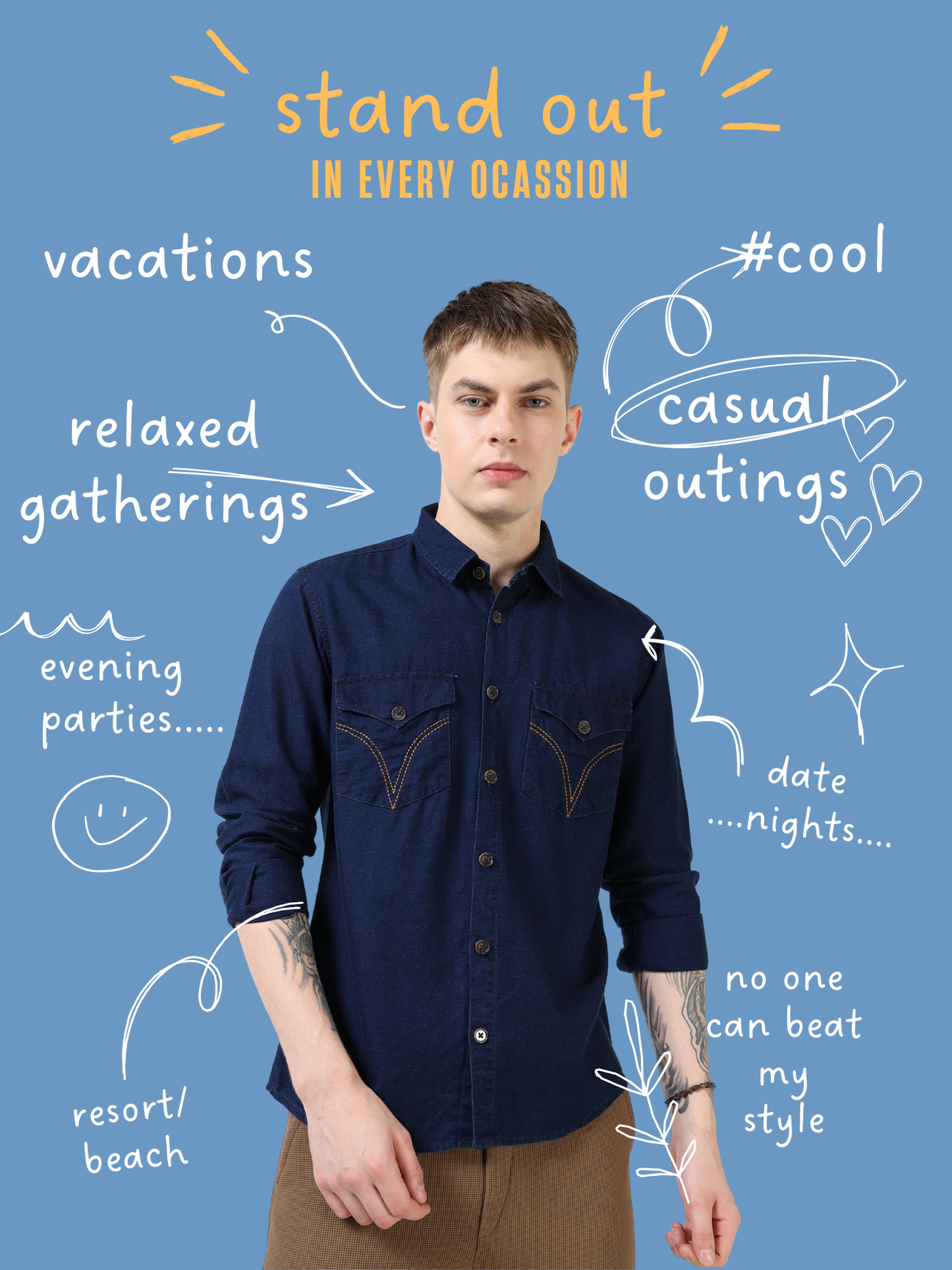 Men’s Dark Indigo Blue Denim Cotton Utility Shirt with Dual Flap Pockets