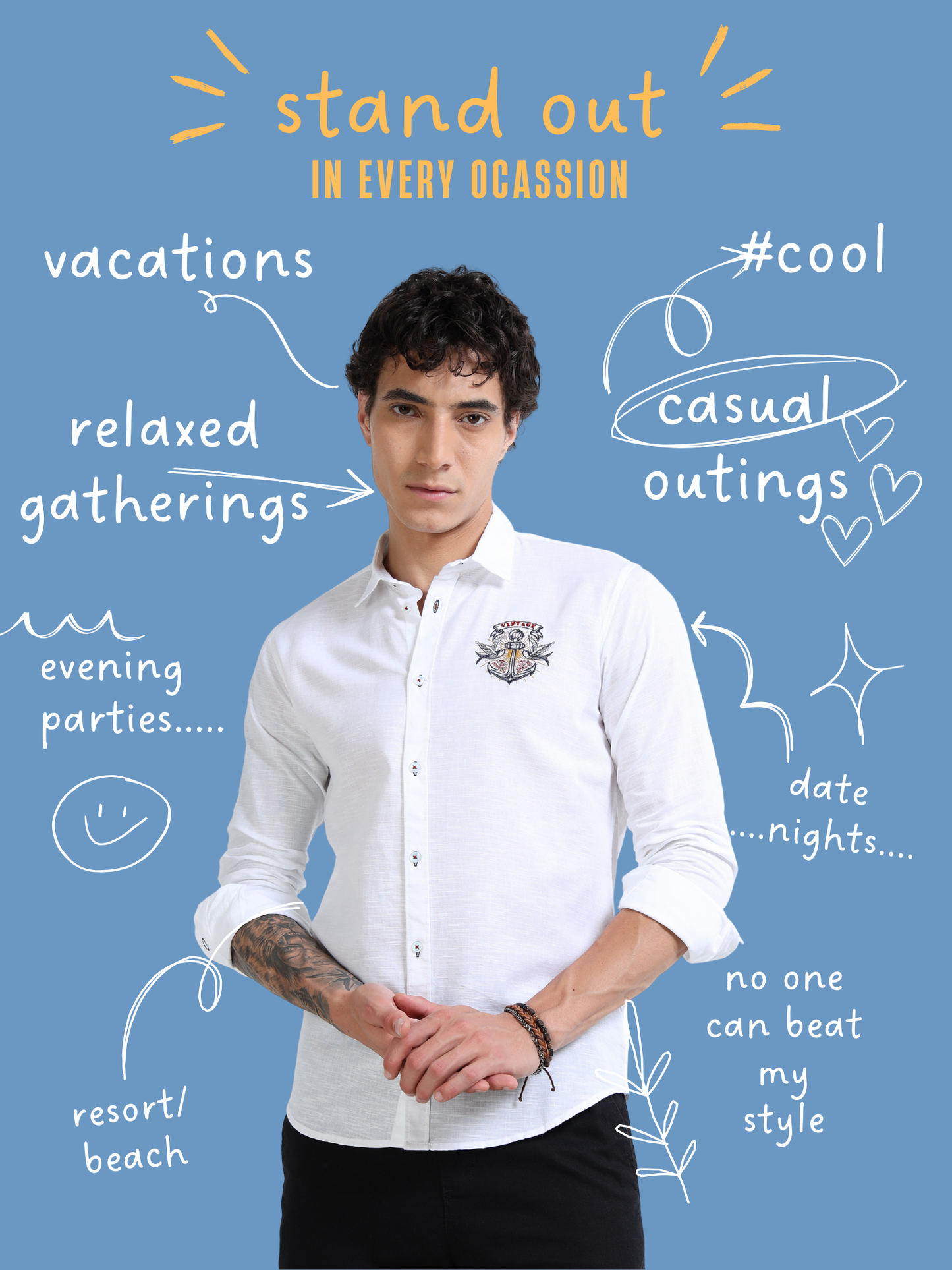 Men’s White Cotton Casual Shirt with Anchor Embroidery Detailing