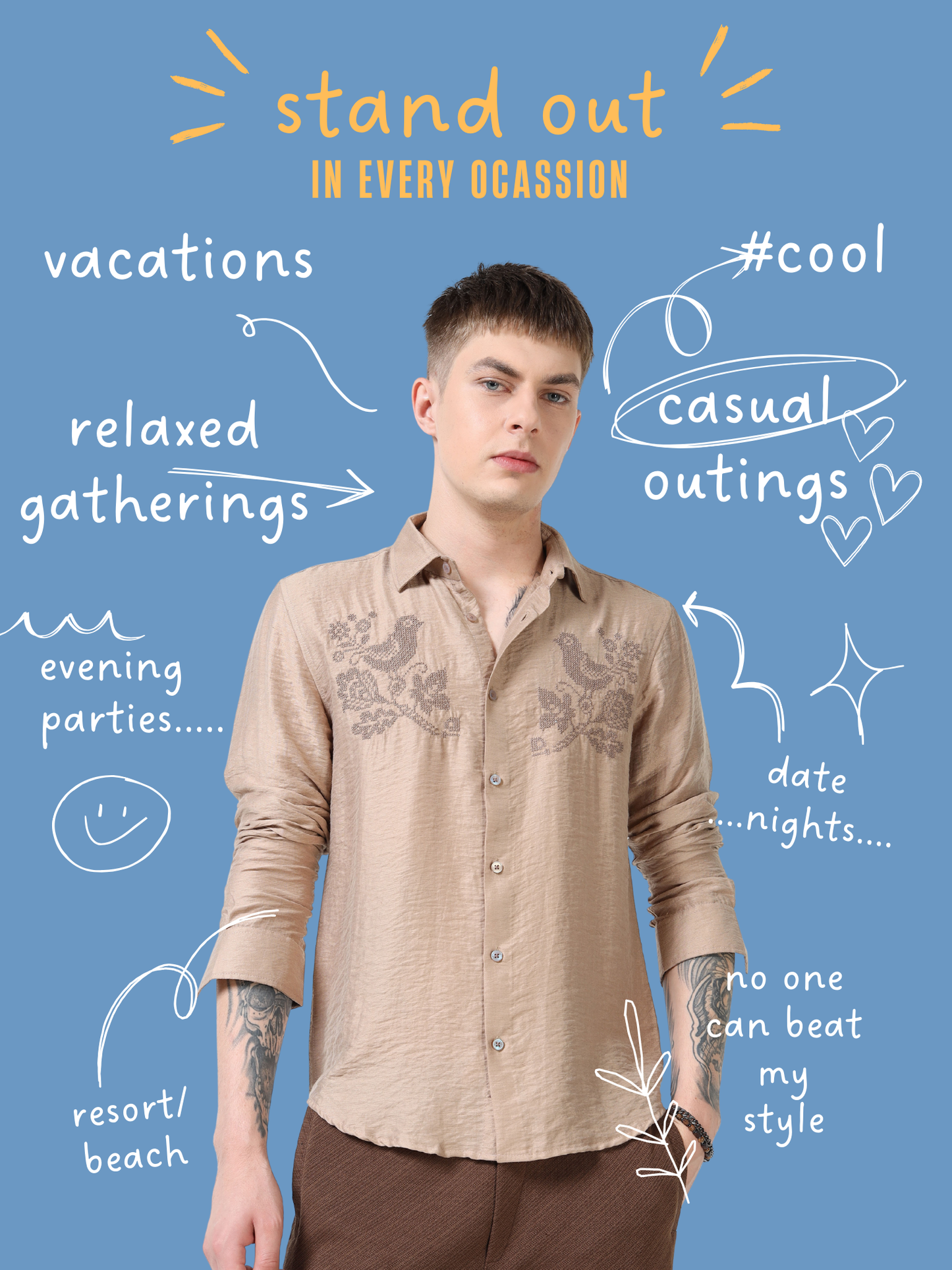 Men’s Beige Textured Cotton Casual Shirt with Bird Embroidery Detailing