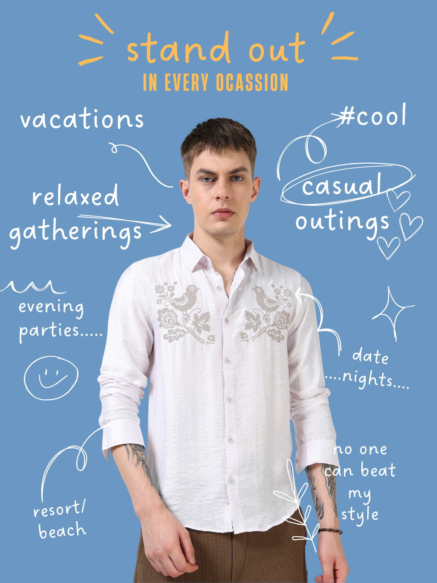 Men’s White Textured Cotton Casual Shirt with Golden Dragonfly Embroidery