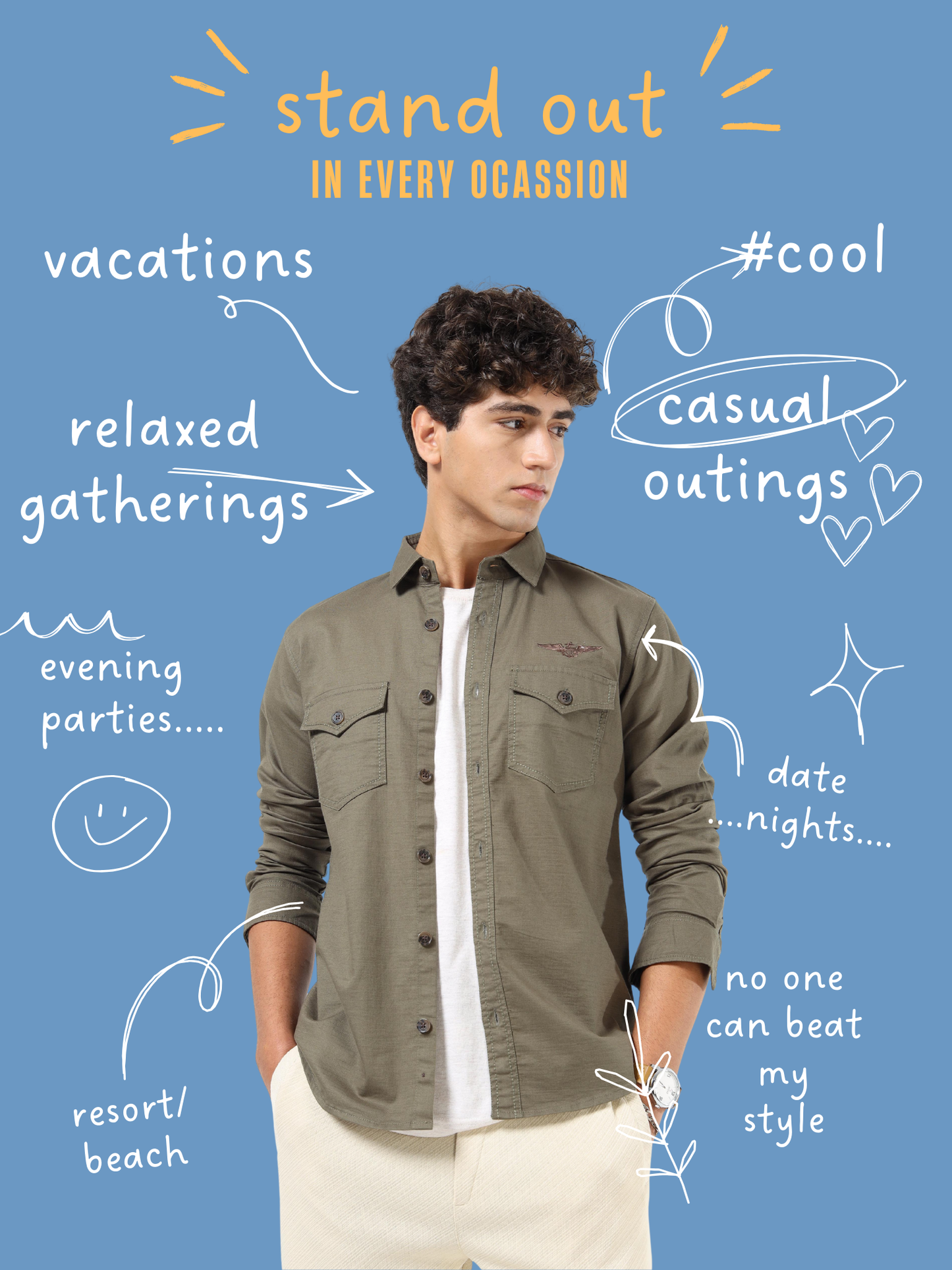 Men’s Olive Green Cotton Utility Casual Shirt with Dual Flap Pockets