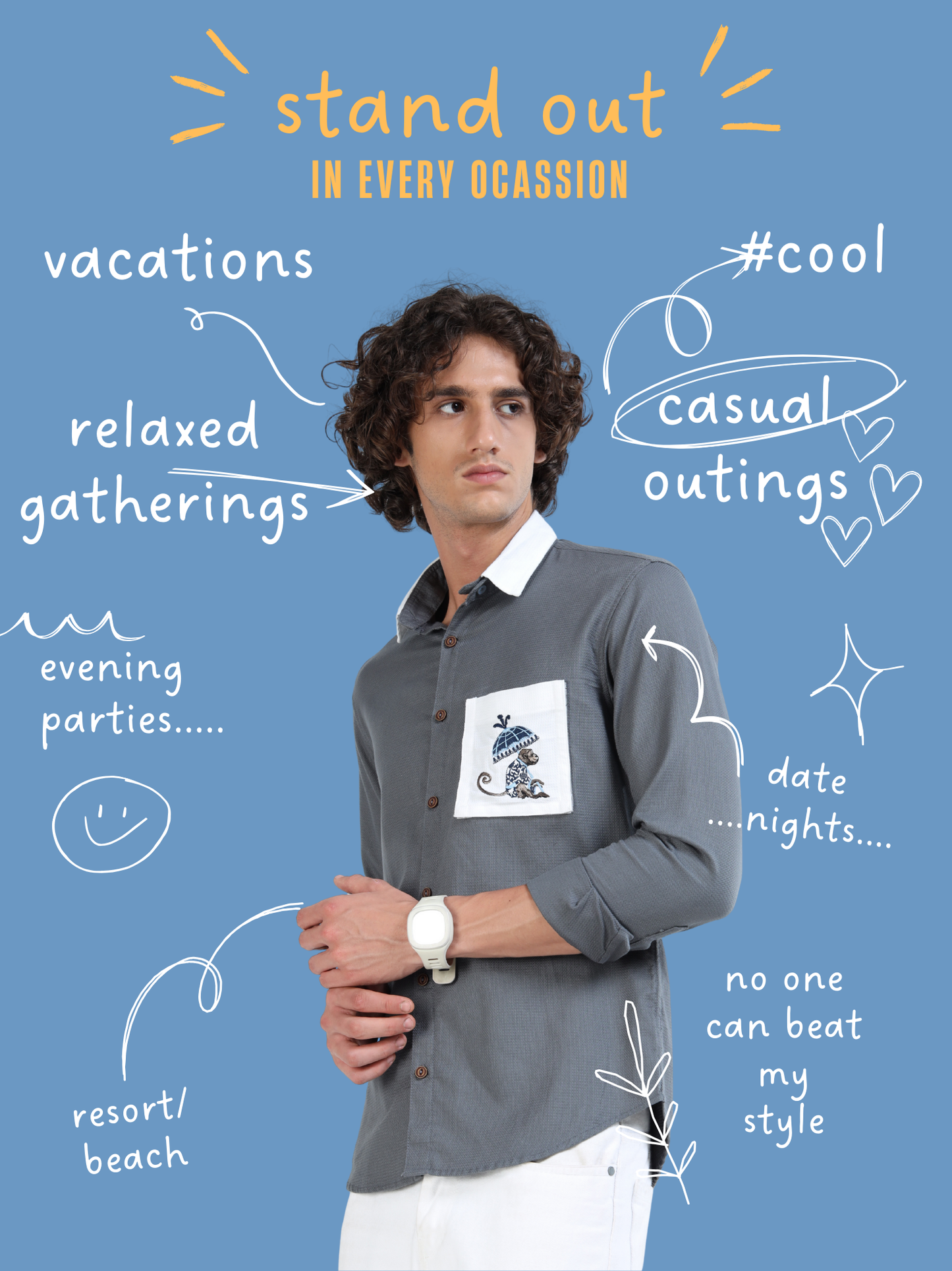 Men’s Charcoal Grey Cotton Shirt with Detachable Pocket and Convertible Collar