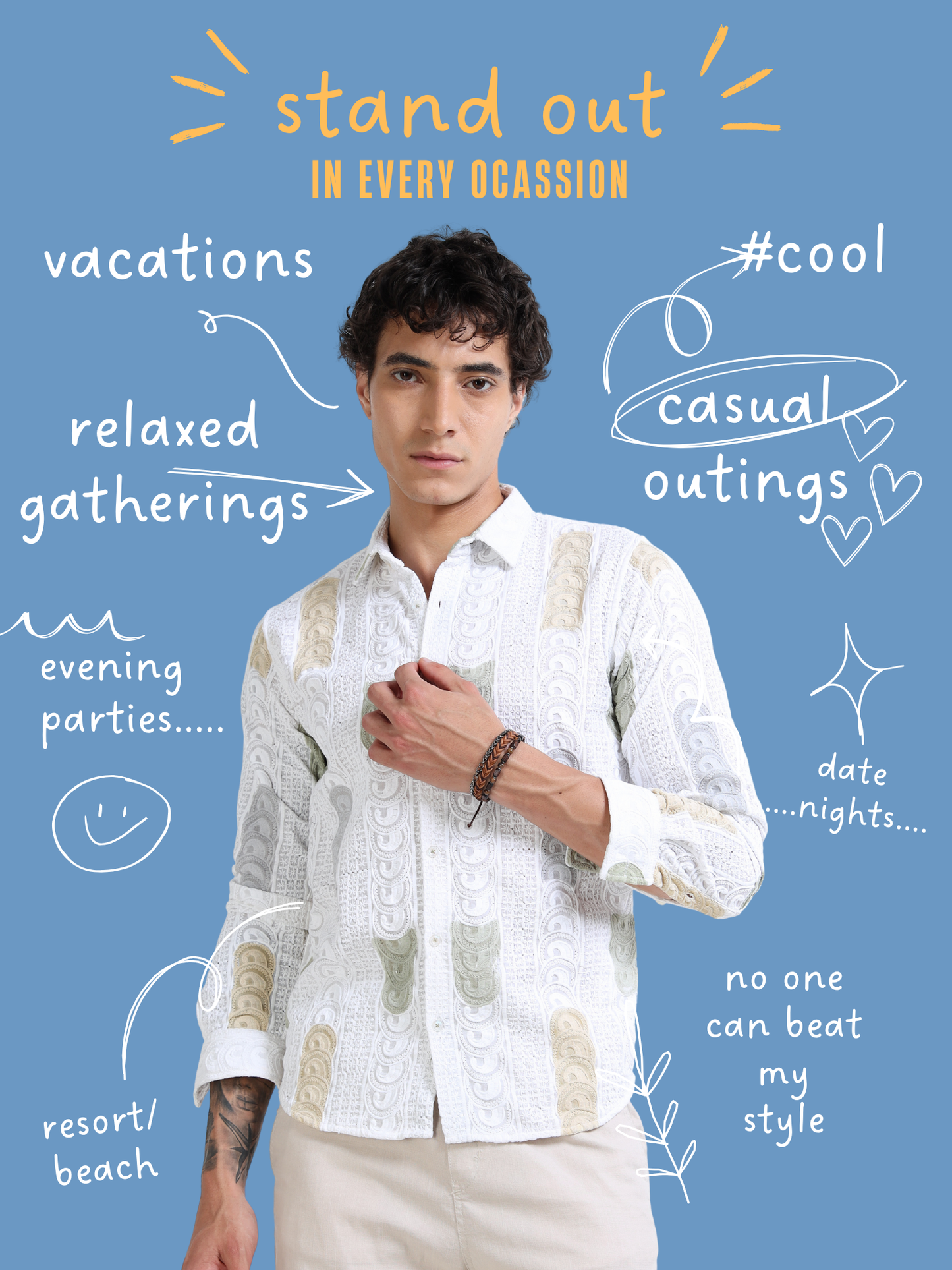 Men’s White Multicolor Embroidered Cotton Shirt with Textured Detailing