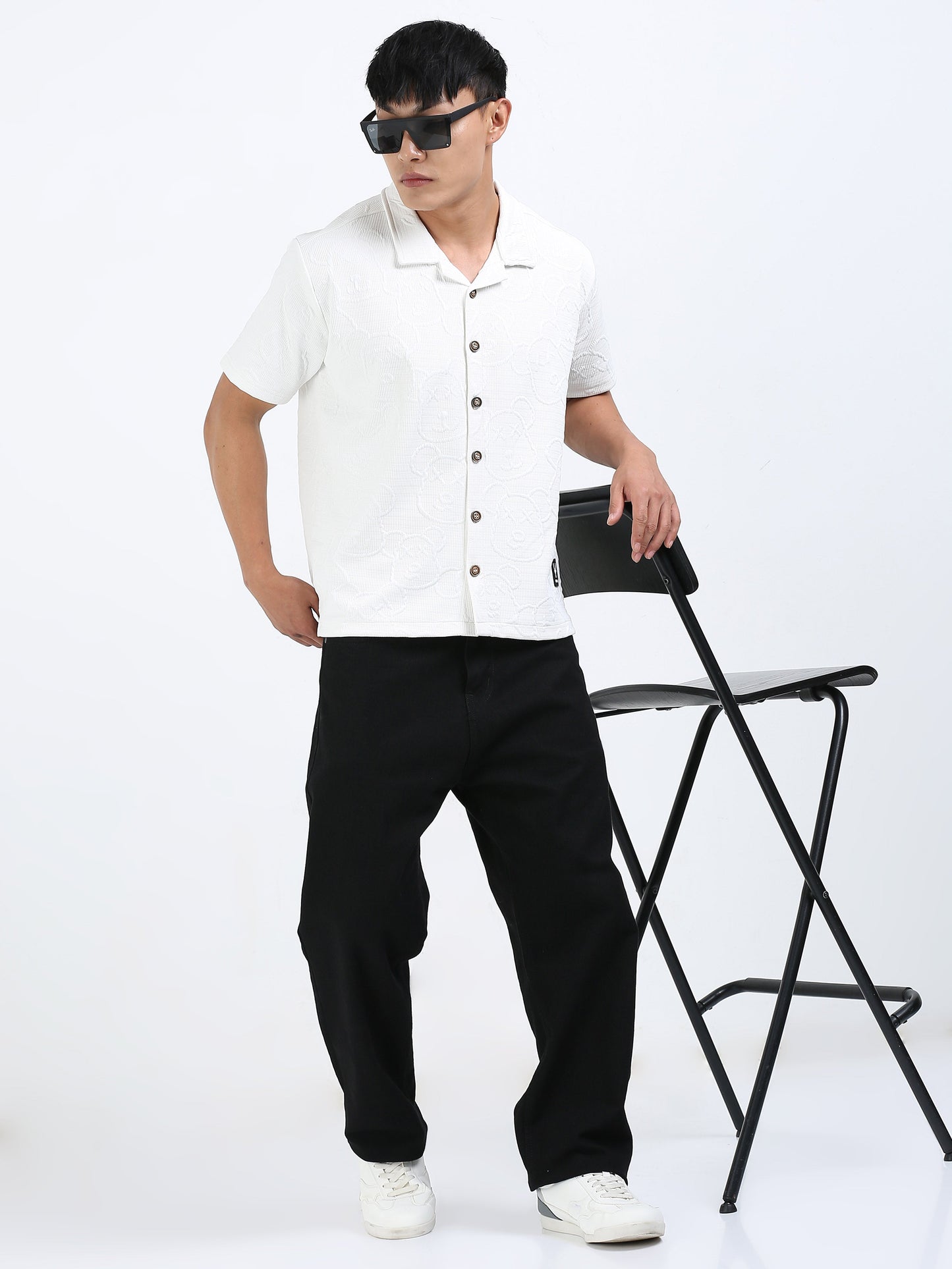 Men’s Waffle White Cuban Collar Casual Shirt – Relaxed Fit