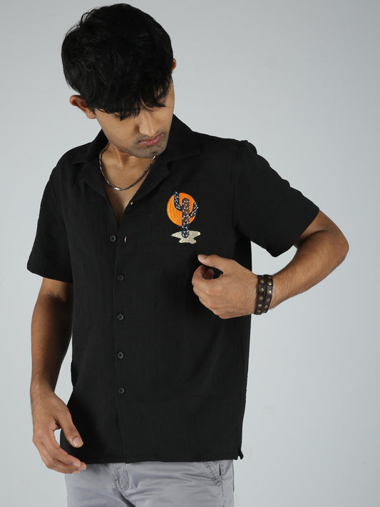 Men Embroidered Stripes Shirt-Black