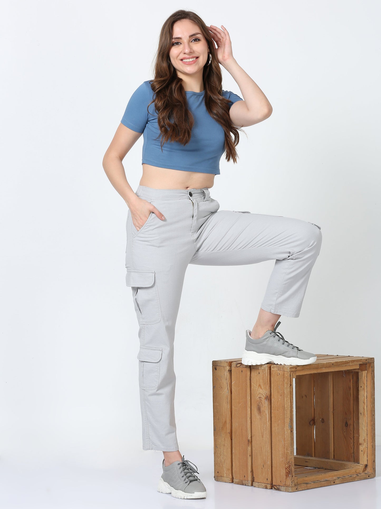 Women Lazy Linen Cargo Trousers-Stone