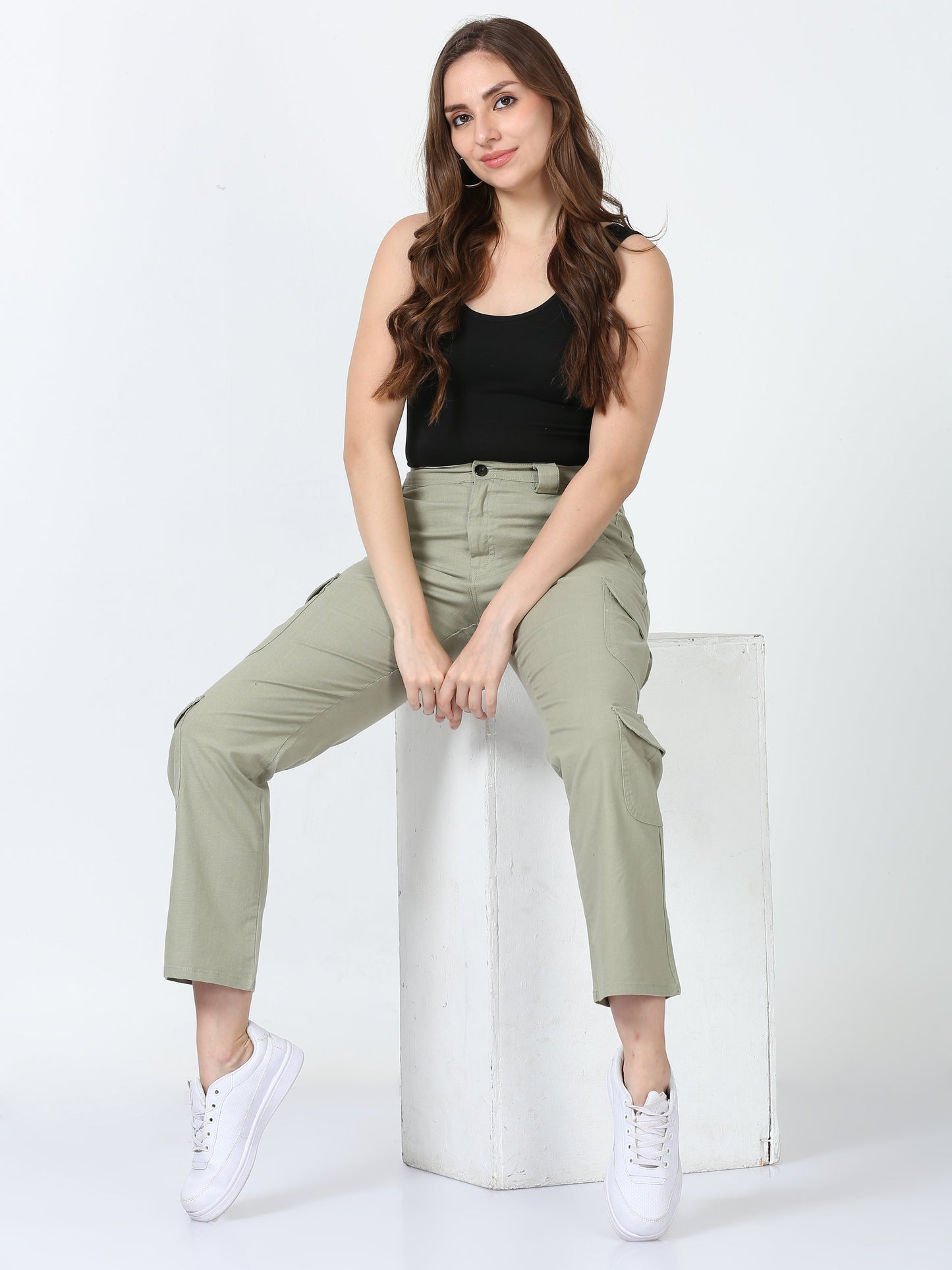 Women Lazy Linen Cargo Trousers-Fern