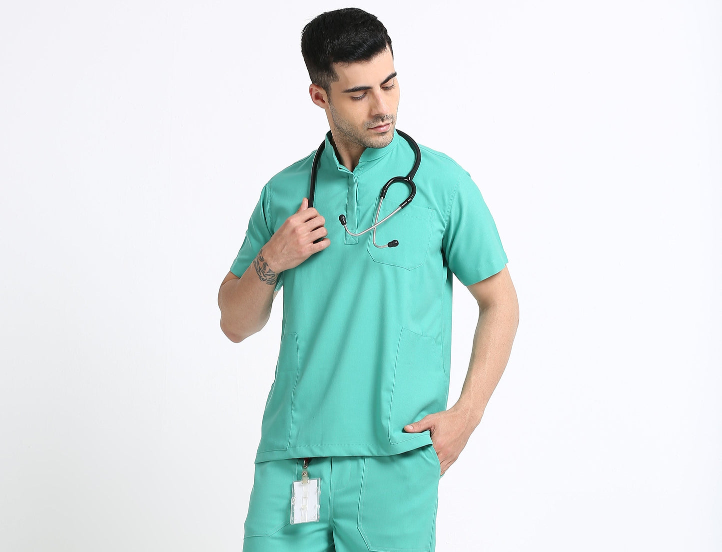 Men’s Sea Green Medical Scrub Set – Mandarin Collar (Chinese Collar) Top & Straight Pants | 2-Way Stretch, Antibacterial & Wrinkle-Resistant – Apollo