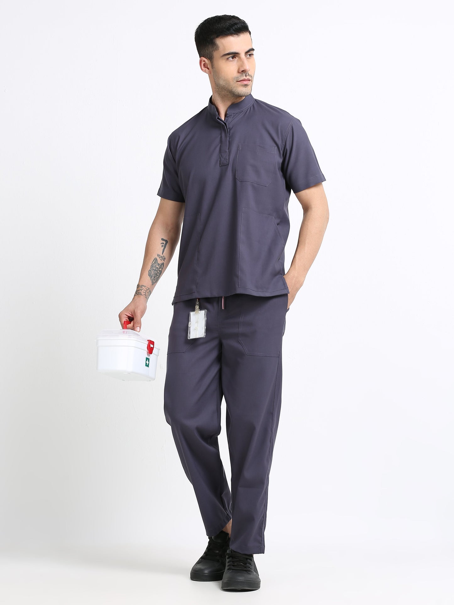 Men’s Heather Grey Medical Scrub Set – Mandarin Collar (Chinese Collar) Top & Straight Pants | 2-Way Stretch, Antibacterial & Wrinkle-Resistant – Apollo
