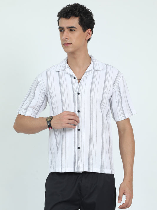 Men Striped Jacquard Oversized Shirt-White