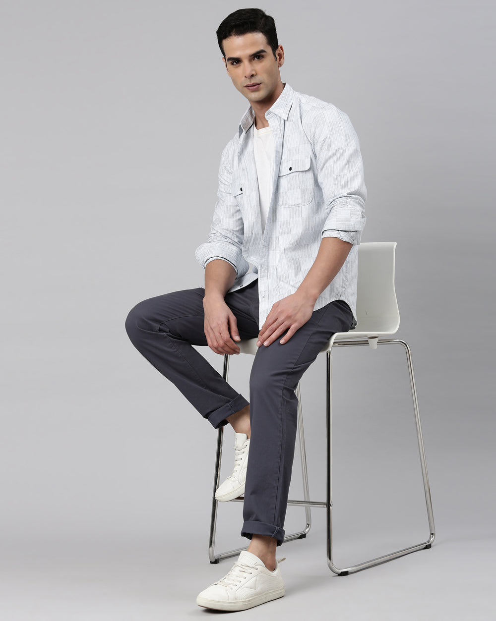 Light Grey Checkered Denim Shirt