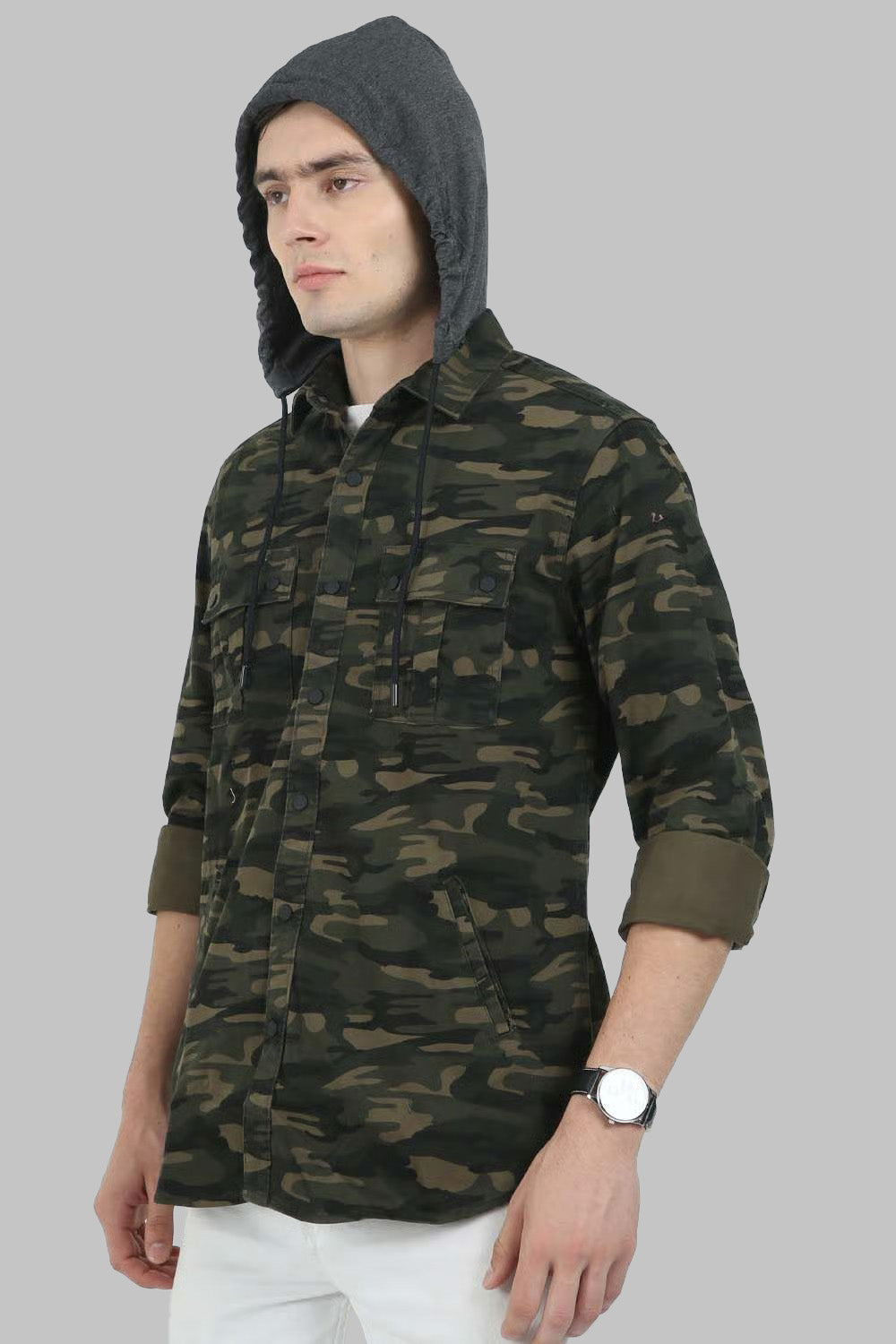 Double Pocket Green Printed Hoodie for Men