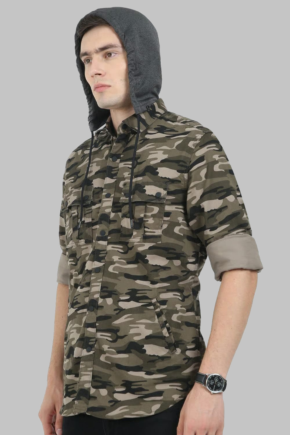 Men Double Pocket Hoodie-Print-Cream